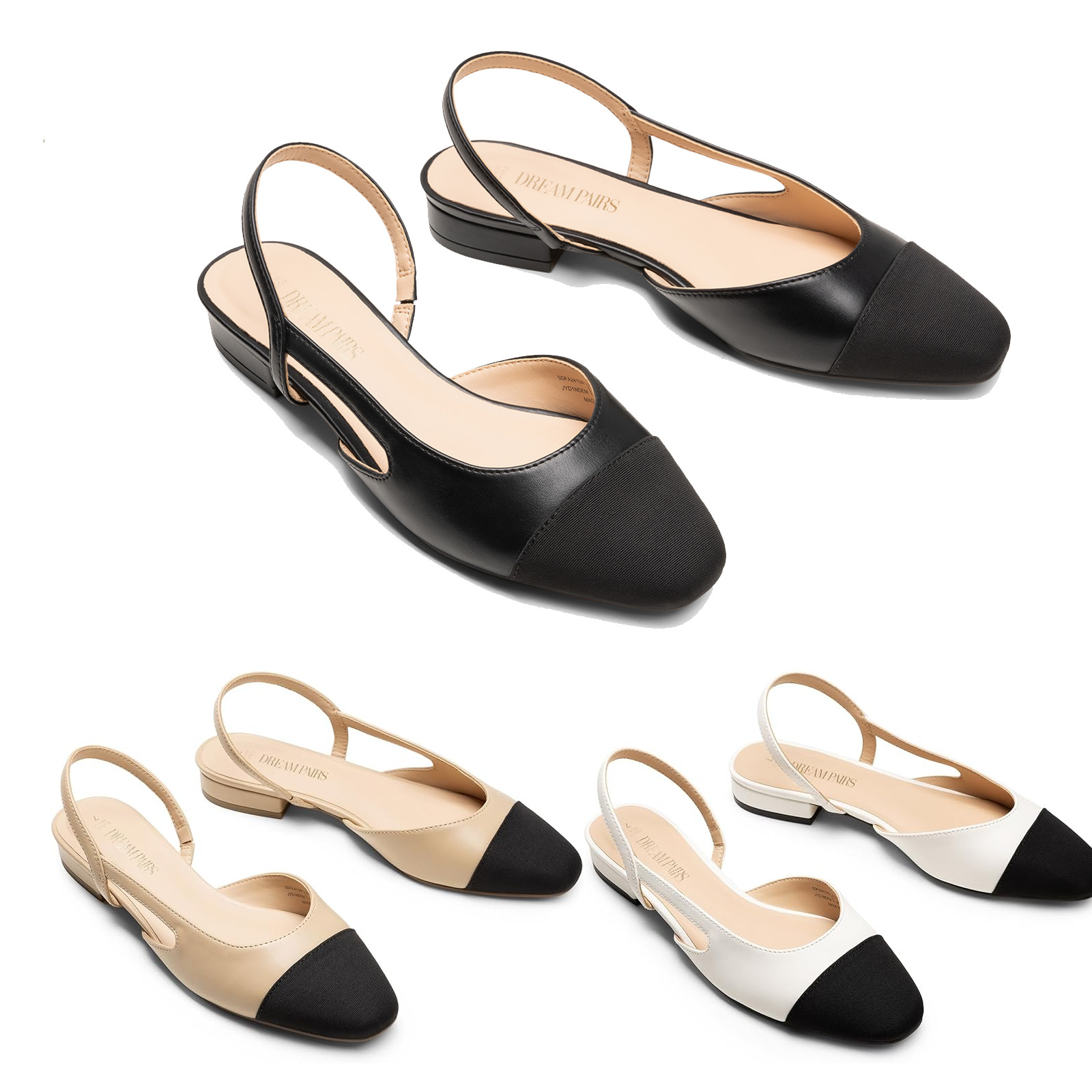 Women Square Cap Toe Low Heel Slingback Ballet Flats Slip On Casual Flat Shoes