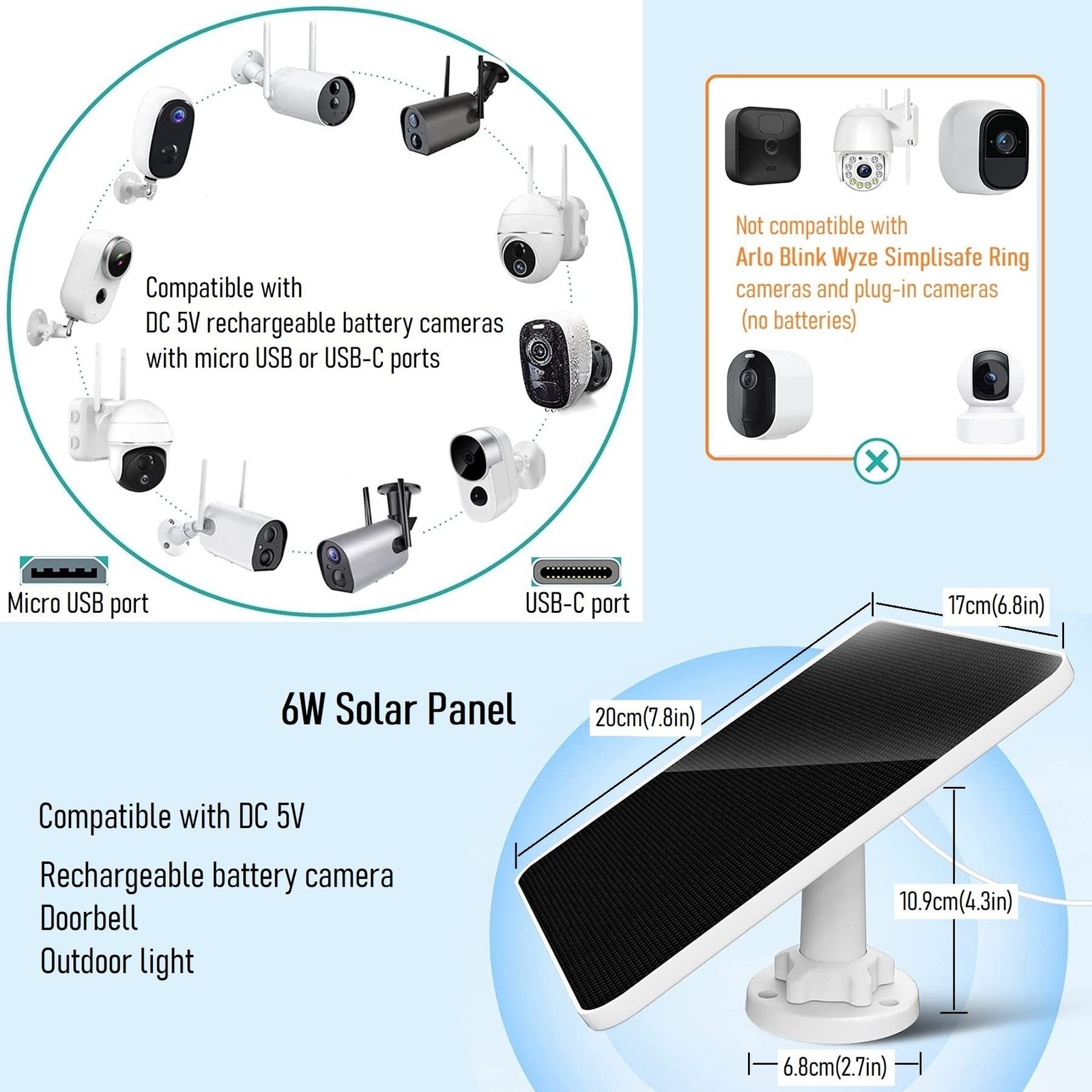 Solar Panel for Security Camera, 6W Solar Panel Micro USB & USB-C for Outdoor...