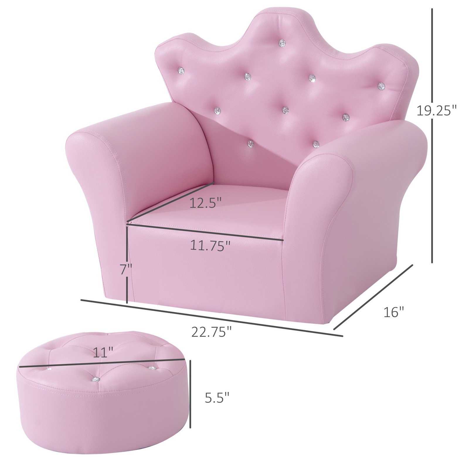 Kids Sofa Set with Footstool Princess Sofa with Diamond Decoration Toddler Couch