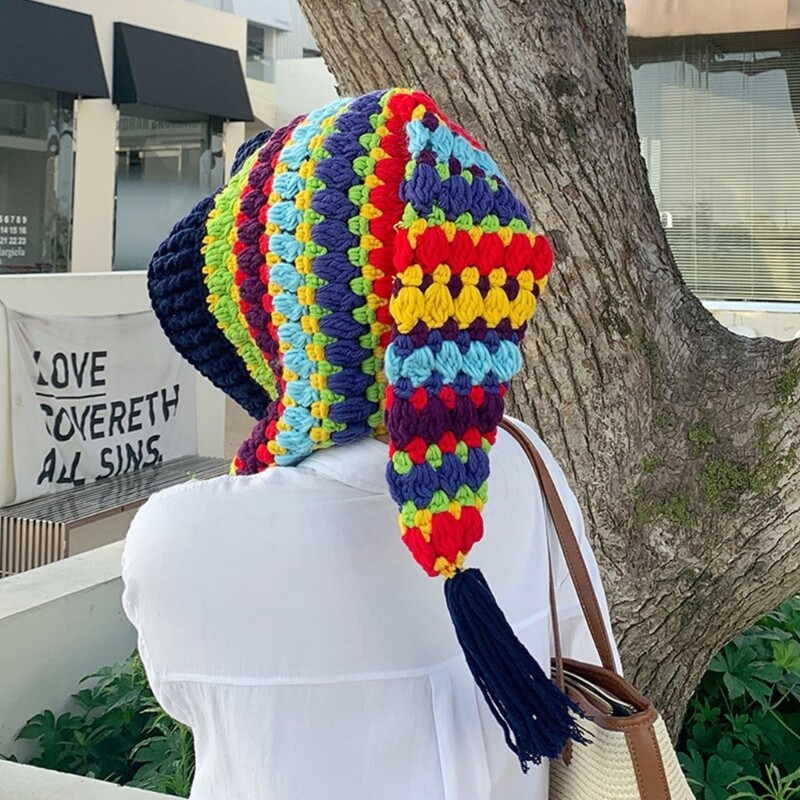 Keep Warm Woman Crochet Stripe Long Tail Hat Winter Rainbow Color Hat for Dating