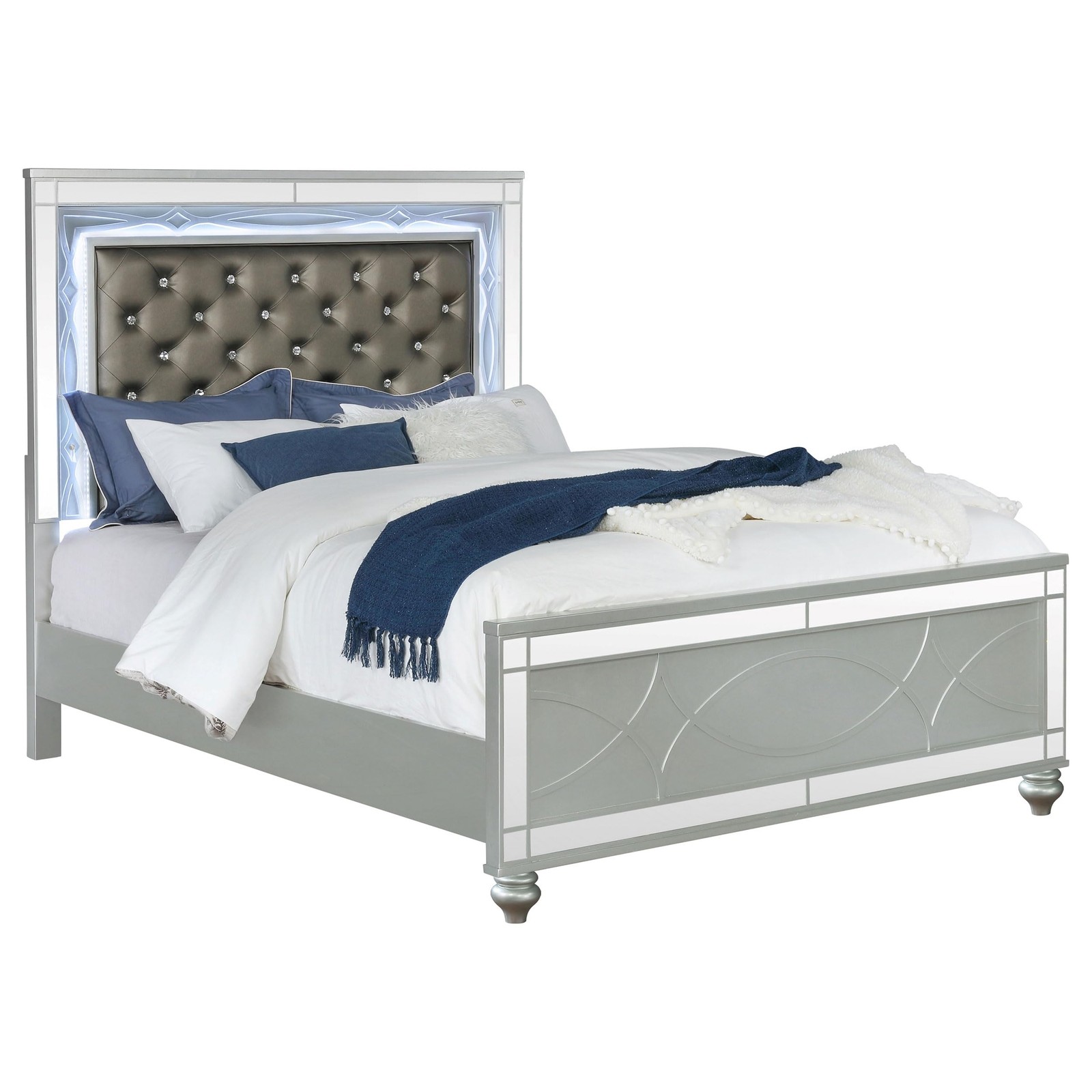 Pemberly Row Faux Leather Queen Panel Bed in Silver Metallic