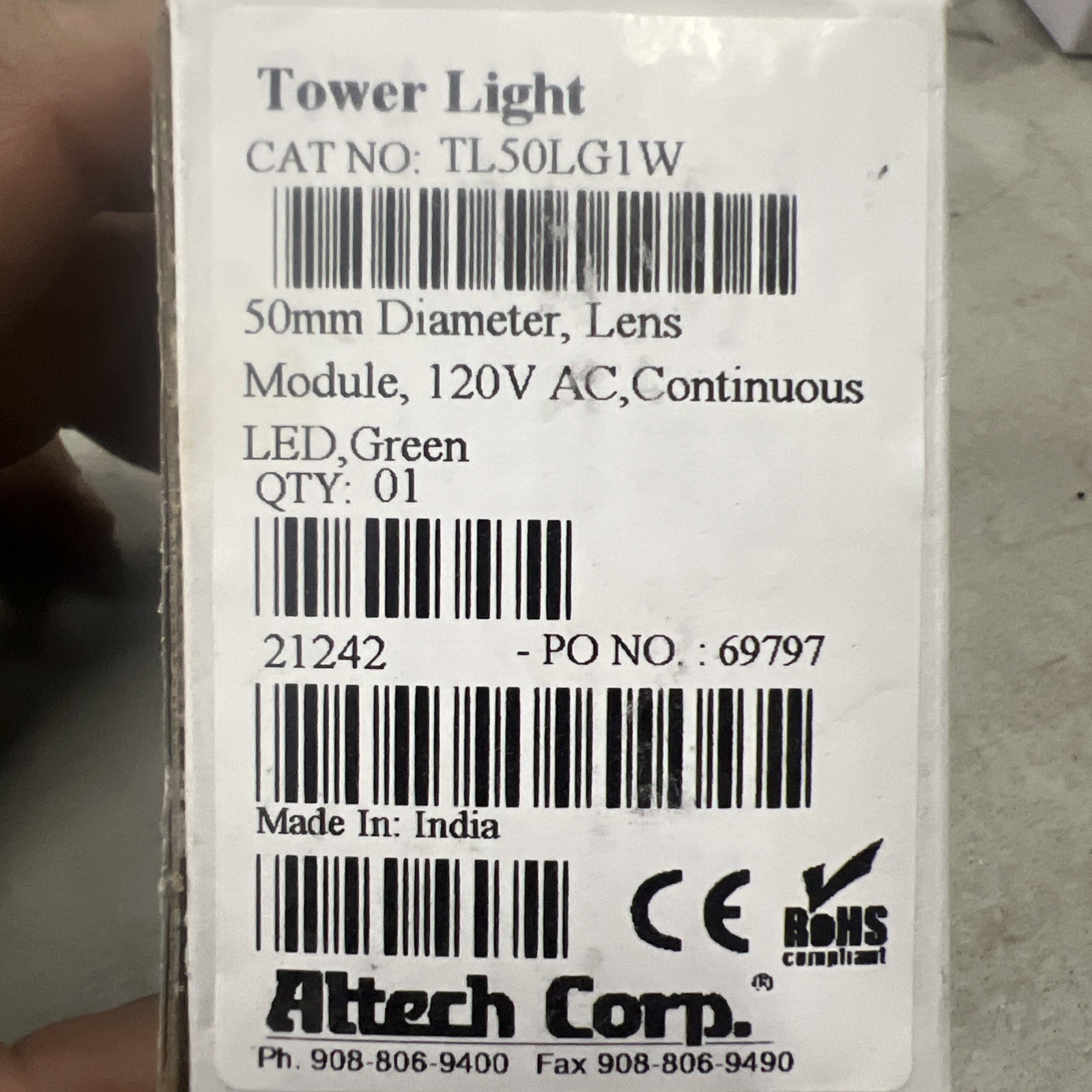 Altech TL50LG1W - Tower Light Lens, Integrated Continuous LED, 110VAC, Green