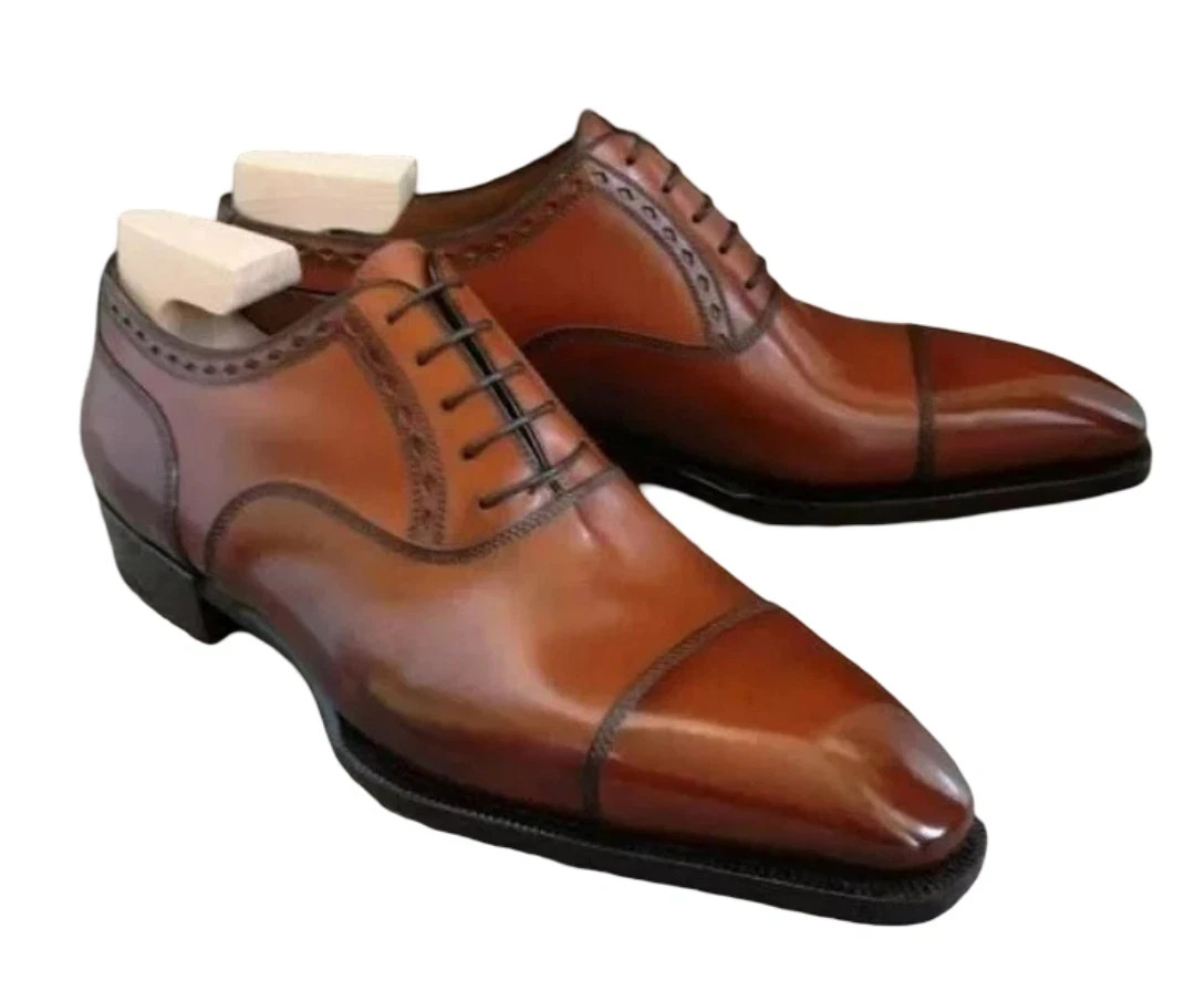 Handmade Brown Genuine Leather Classic Oxford Cap Toe LaceUp Dress Shoes For Men
