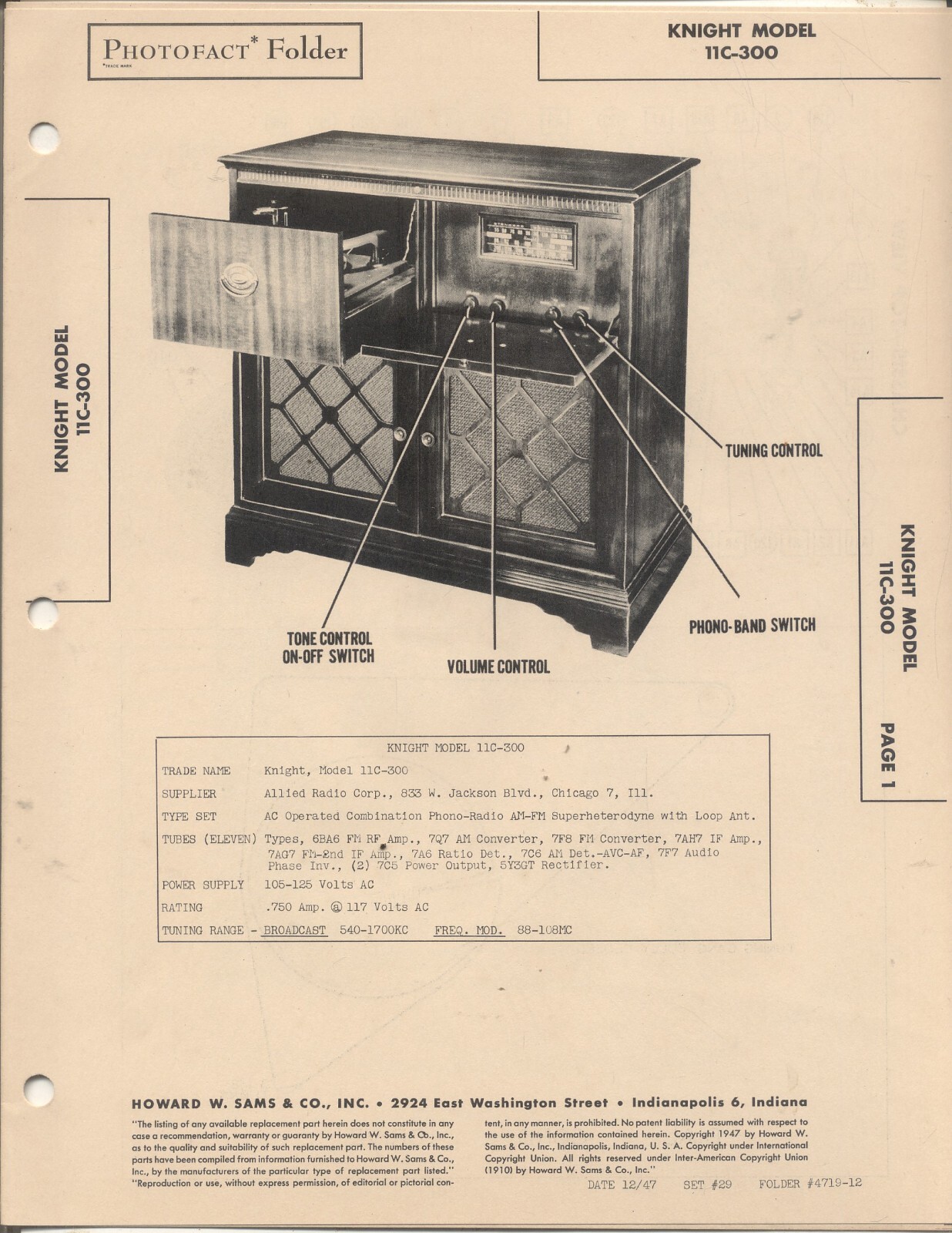 KNIGHT Model 11C-300, SAMS Photofact 1947, 8 Pages , NOS