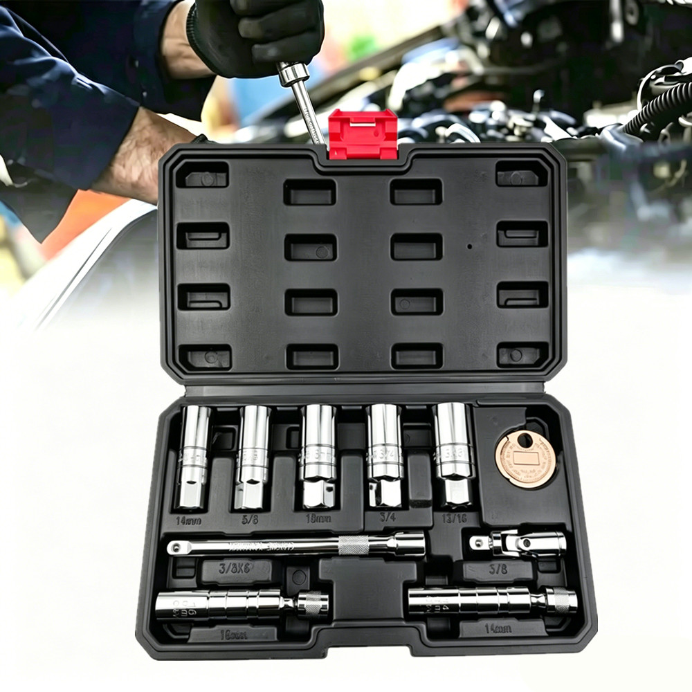 10PCS 3/8"Drive Magnetic Spark Plug Socket Set Include Extension Bar CR-V Steel