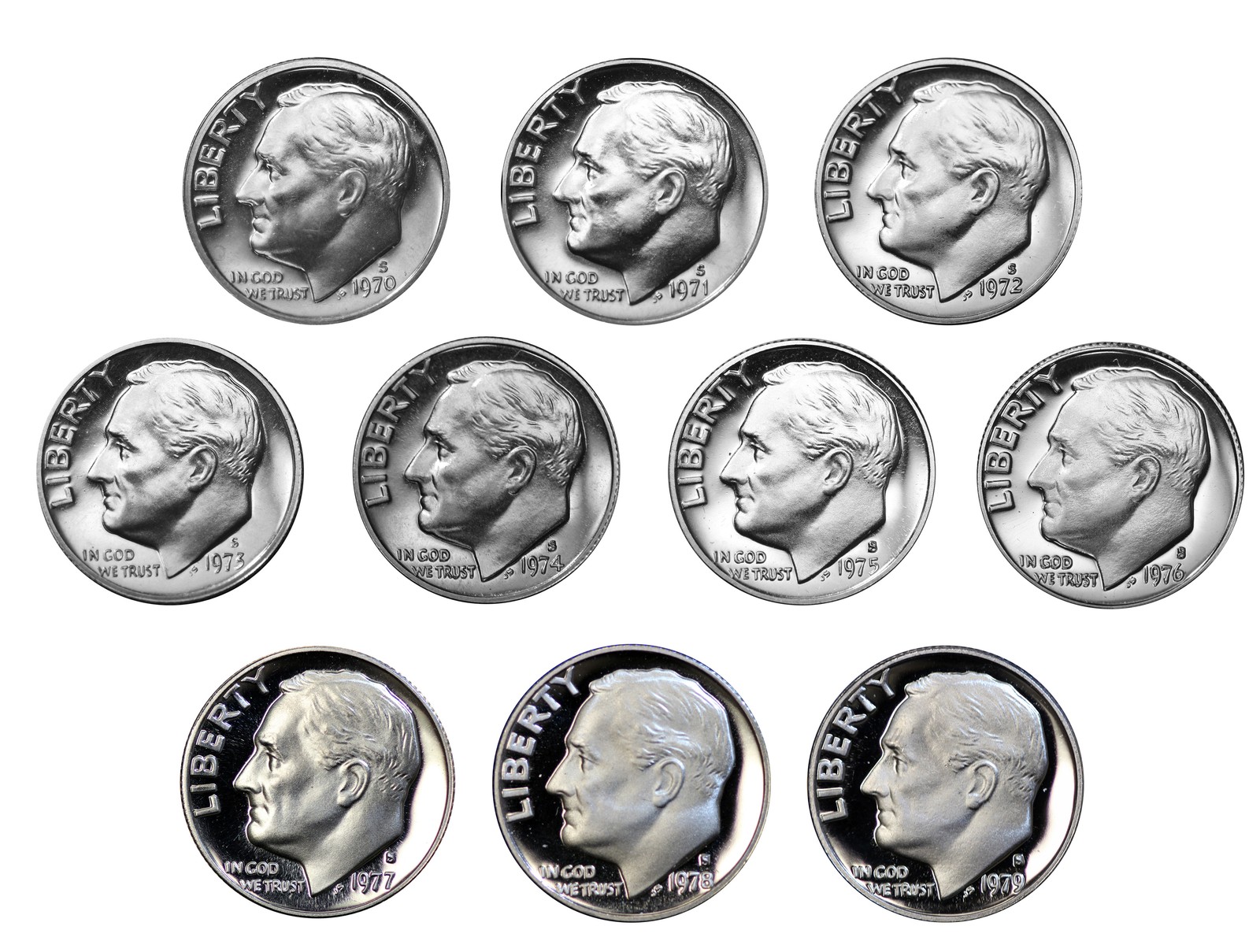 1970-1979 S Proof Roosevelt Dime Run Gem DCAM CN-Clad 10 coins
