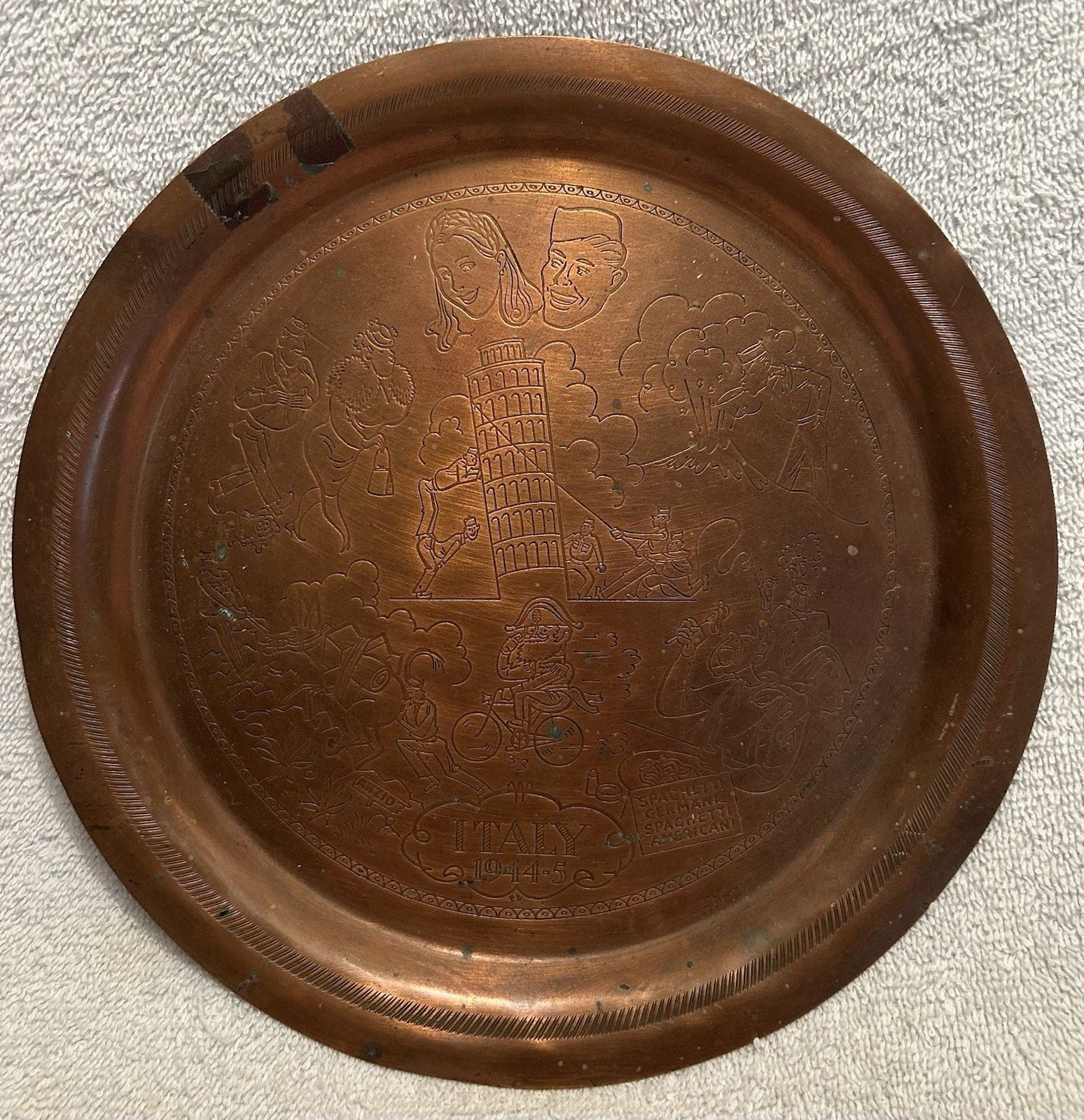 Trench Art Etched Copper Tray Italy 1944-5 WW II With Sketches Of Soldier’s Life