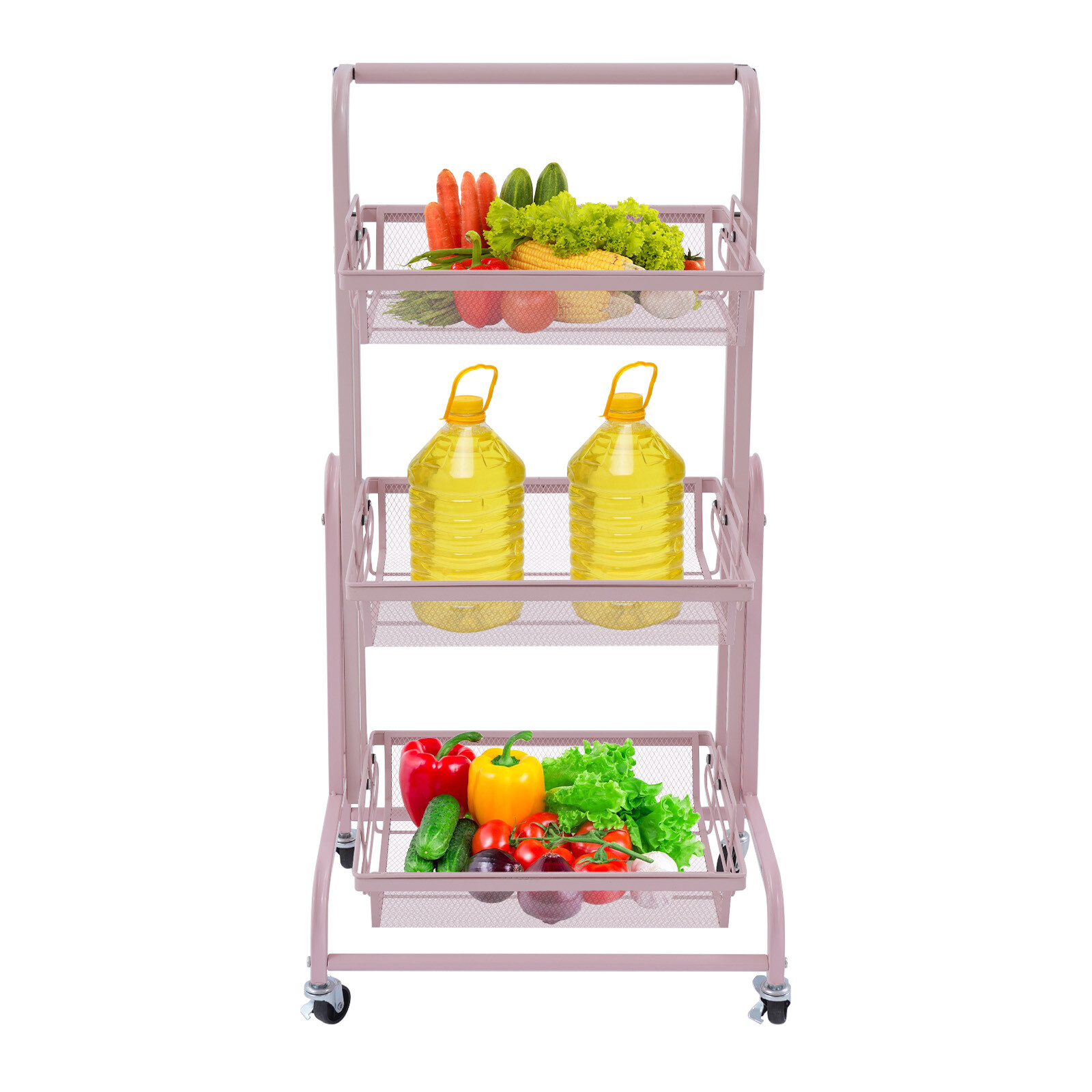 3-Tier Adjustable Metal Rolling Utility Cart, Movable Storage Cart for Kitchen