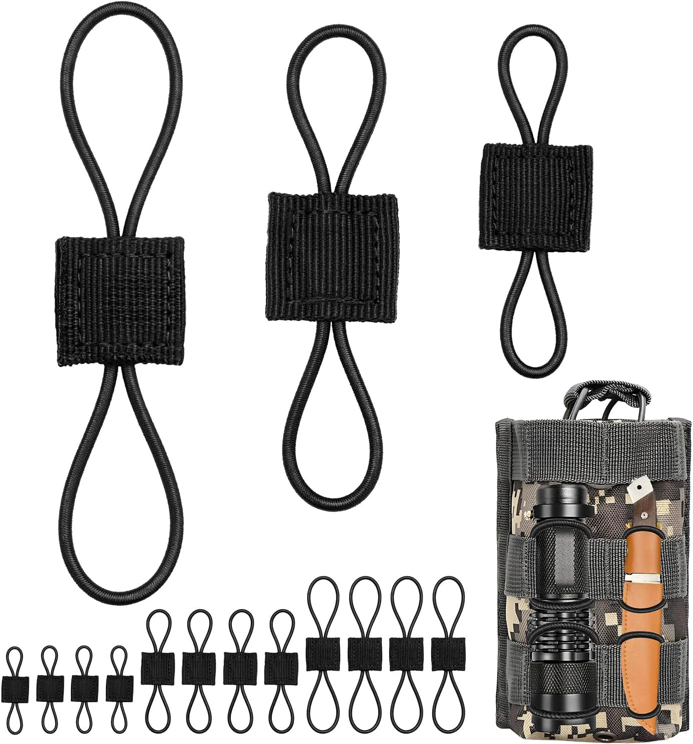 15PCS Tactical Bag Molle Attachment,3 Sizes Elastic Molle Webbing Binding Ribbon