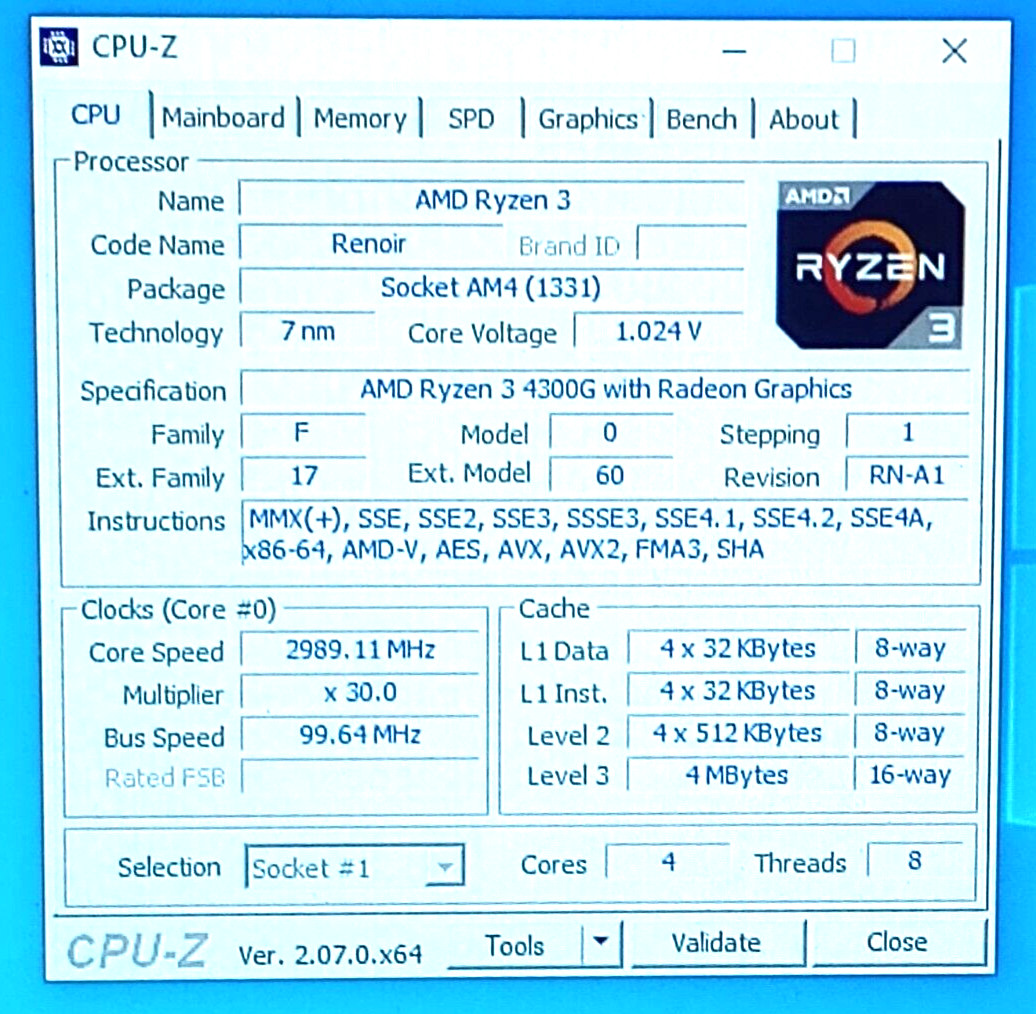 100-000000144 - AMD Ryzen 3 4300g 3.8 GHz AM4 Socket 4C/8T Desktop Processor CPU