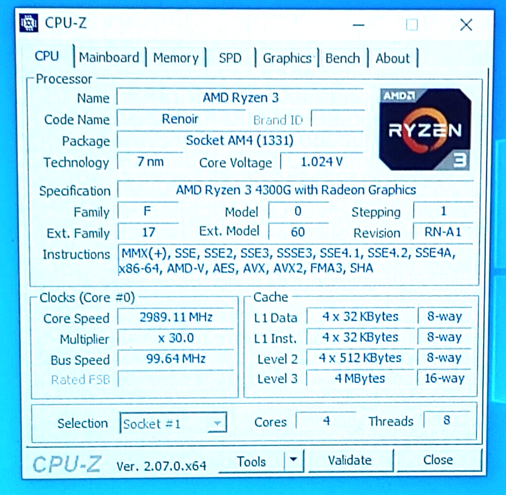 100-000000144 - AMD Ryzen 3 4300g 3.8 GHz AM4 Socket 4C/8T Desktop Processor CPU