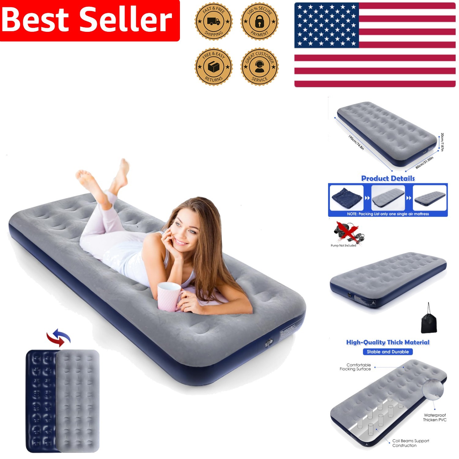 Camping Air Mattress: Plush Flocked Pillow Top Inflatable Bed, Portable Guest...