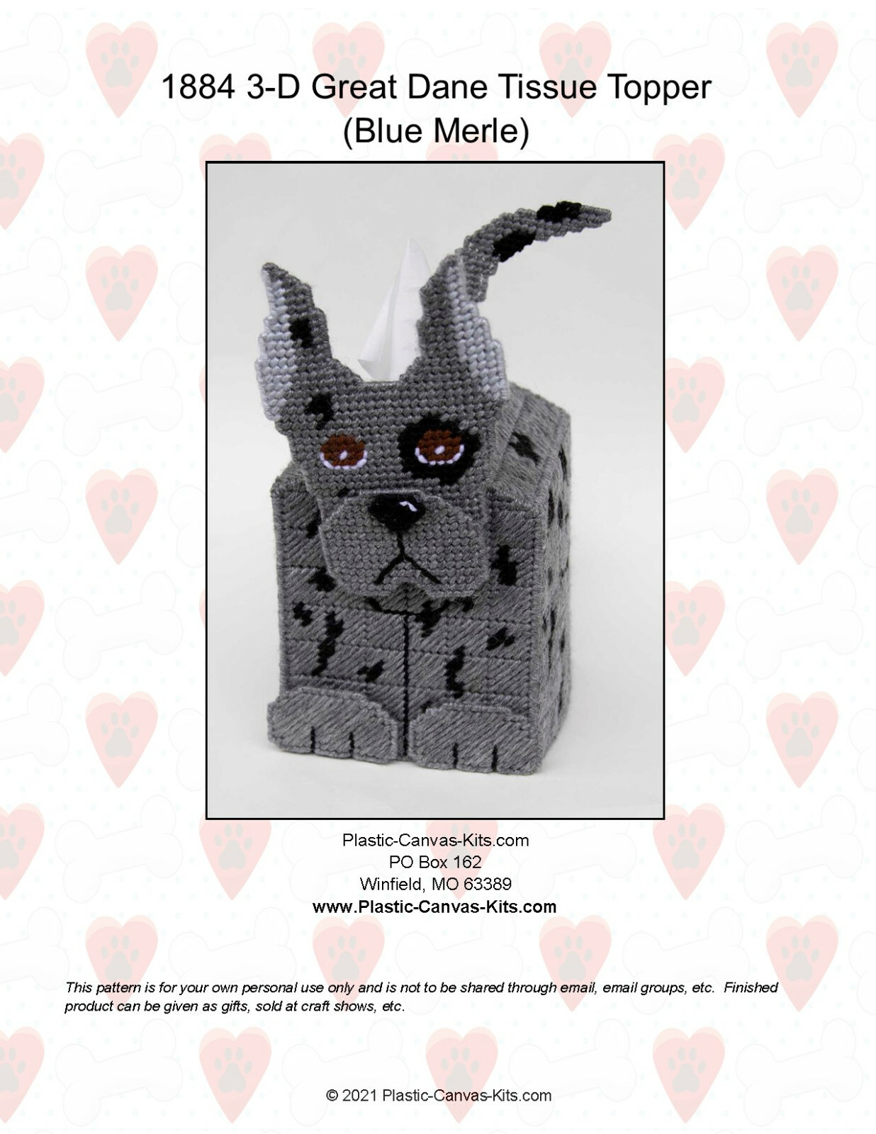 Great Dane (Blue Merle) 3-D Dog Tissue Topper-Plastic Canvas Pattern or Kit