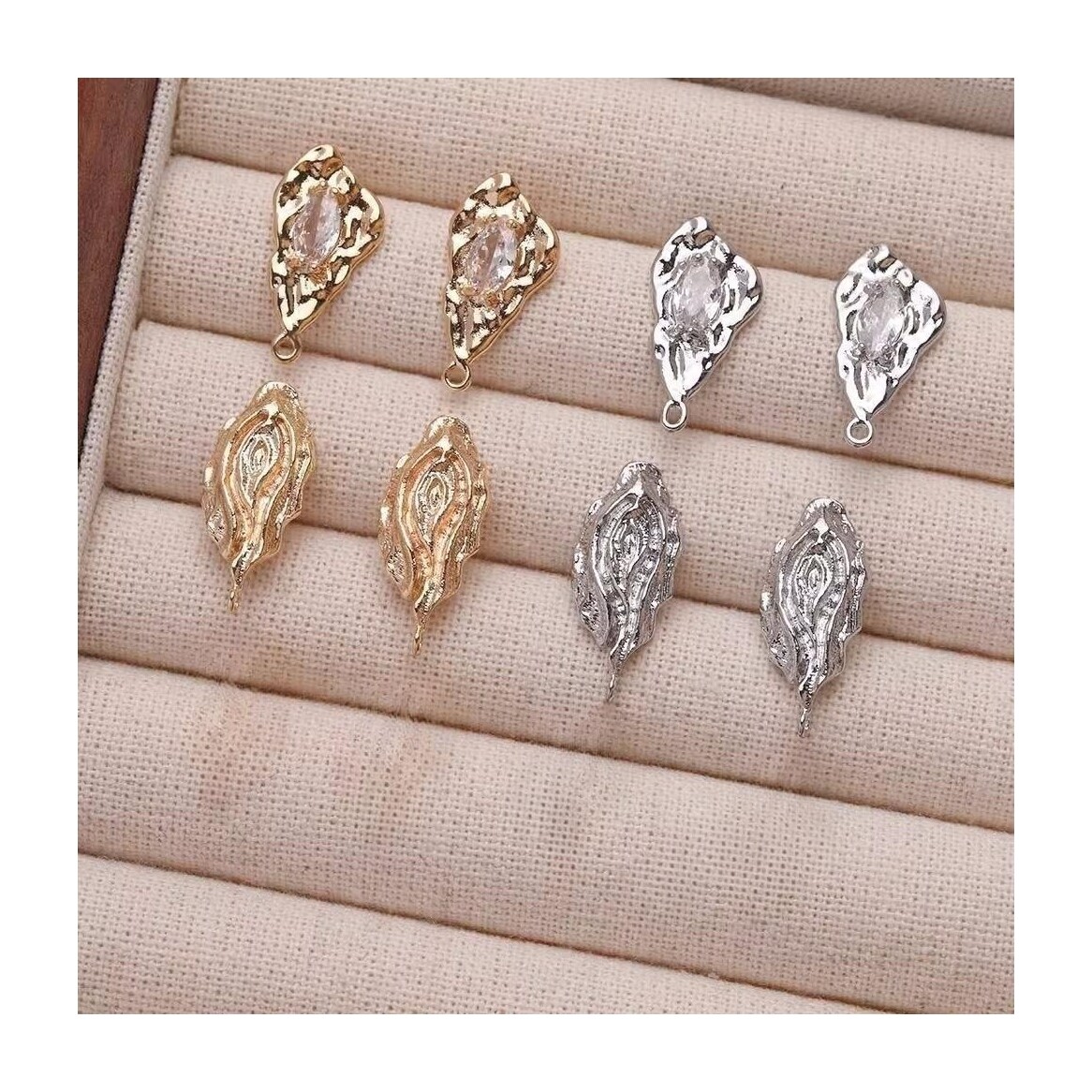 6pcs CZ Pave Leaf Stud Earrings,Gold/Silver Tone Leaves Earring Post With Loop