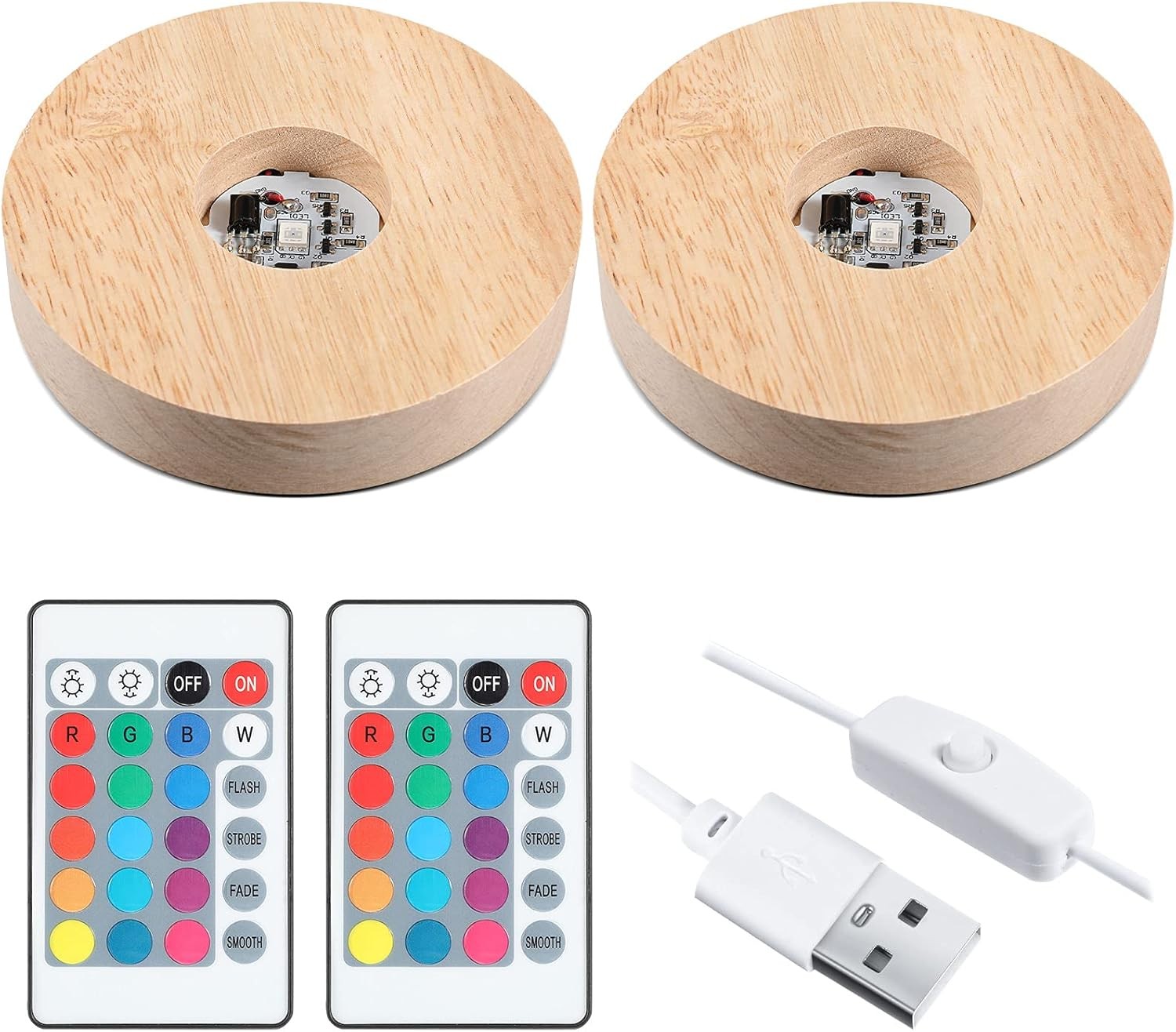 2 Pcs Wooden LED Light Stand Base Remote for Selenite