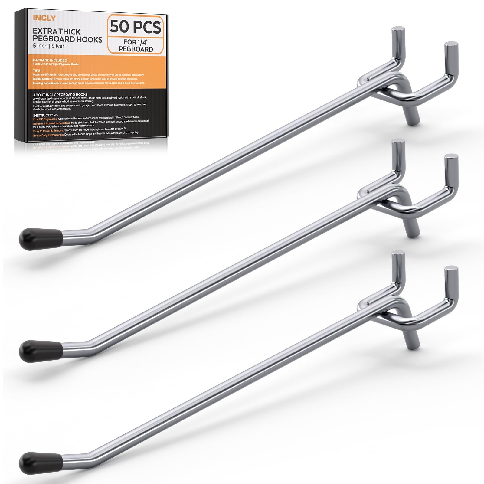 50 Pack 6 Inch Pegboard Hooks with Rubber Tipped, 1/4" Heavy Duty