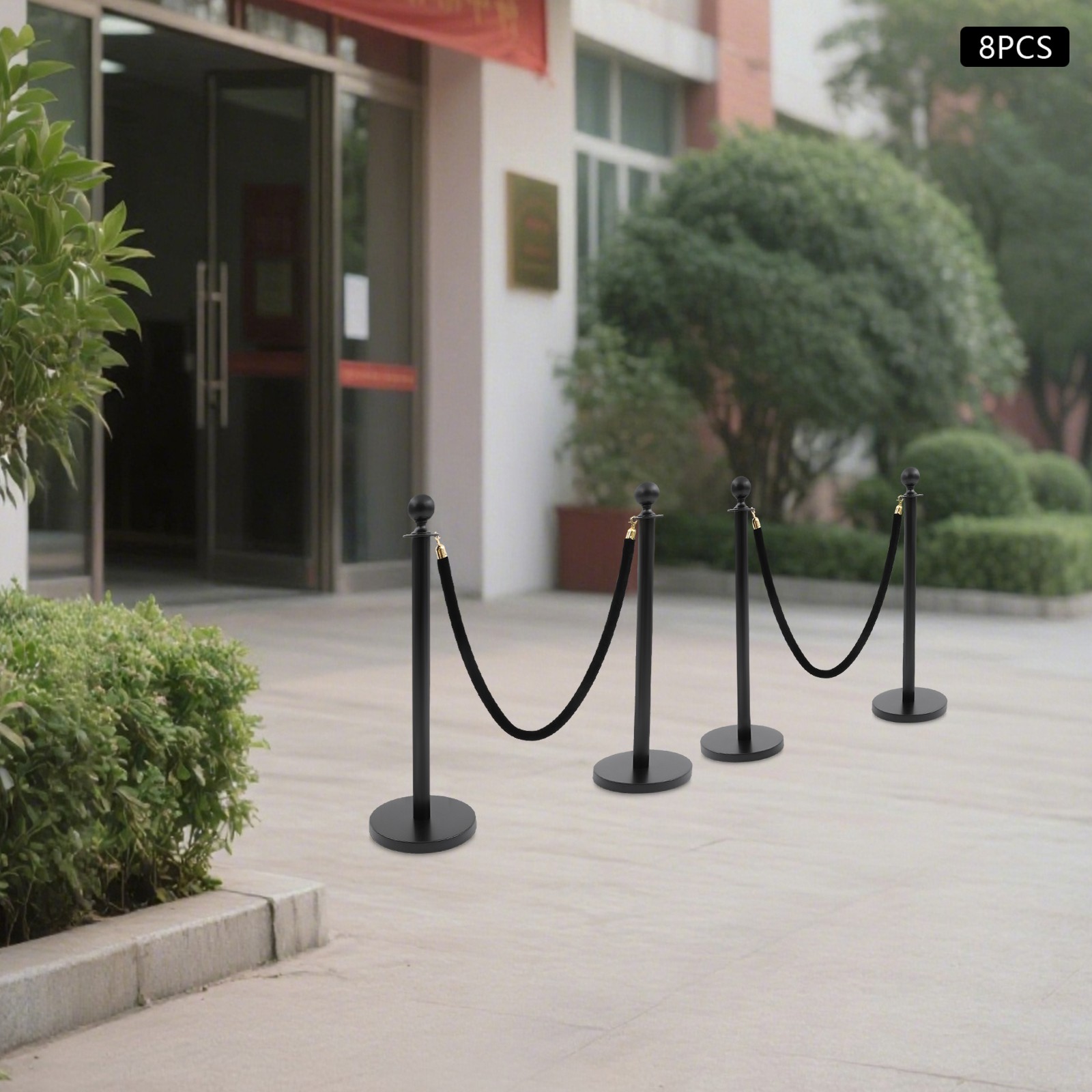 8 PCS Black Stanchion Posts Queue Pole with 4 1.5M Ropes Crowd Control Barrier
