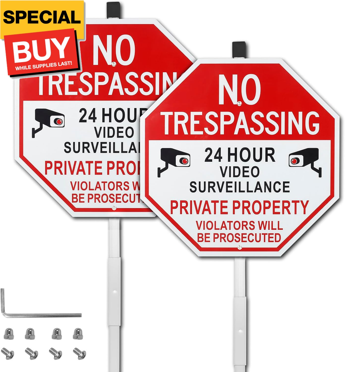 2 Pack Large No Trespassing Private Property Sign, 24 Hour Video Surveillance Wi