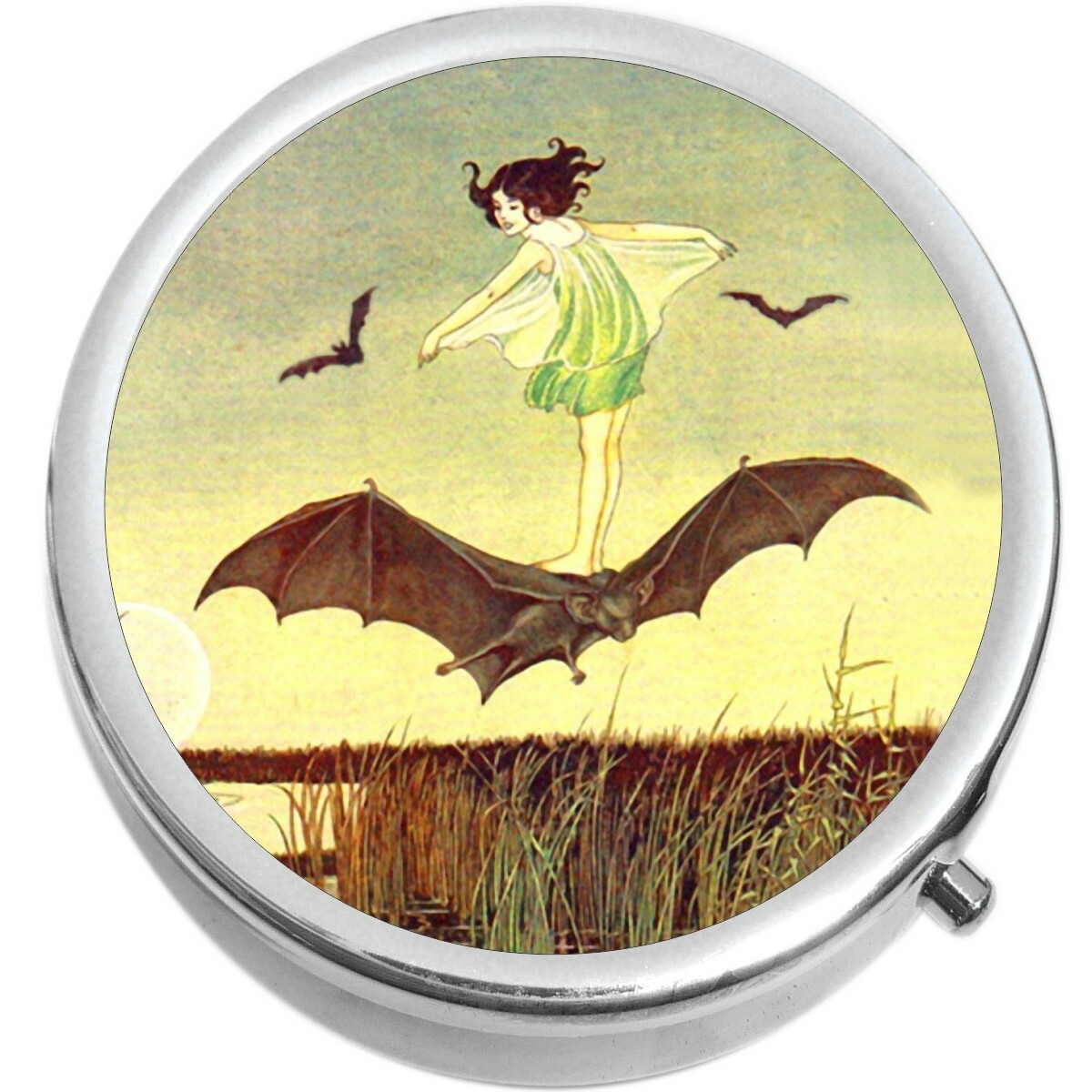 Girl Riding Bat  Medicine Vitamin Compact Pill Box