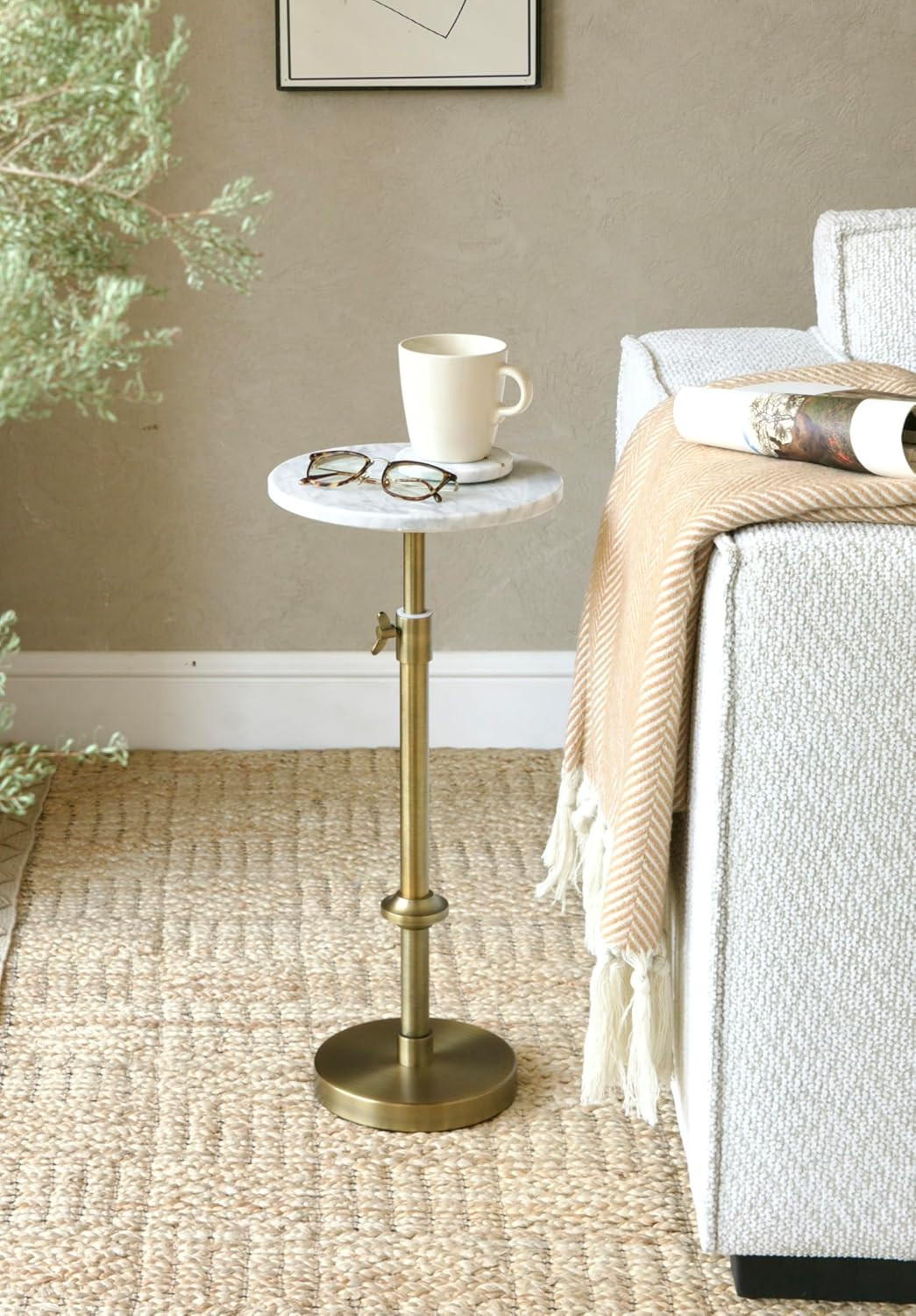 Adjustable 10" White Marble Drink Table with 2 Coasters, Antique Brass⁠ | Adjust