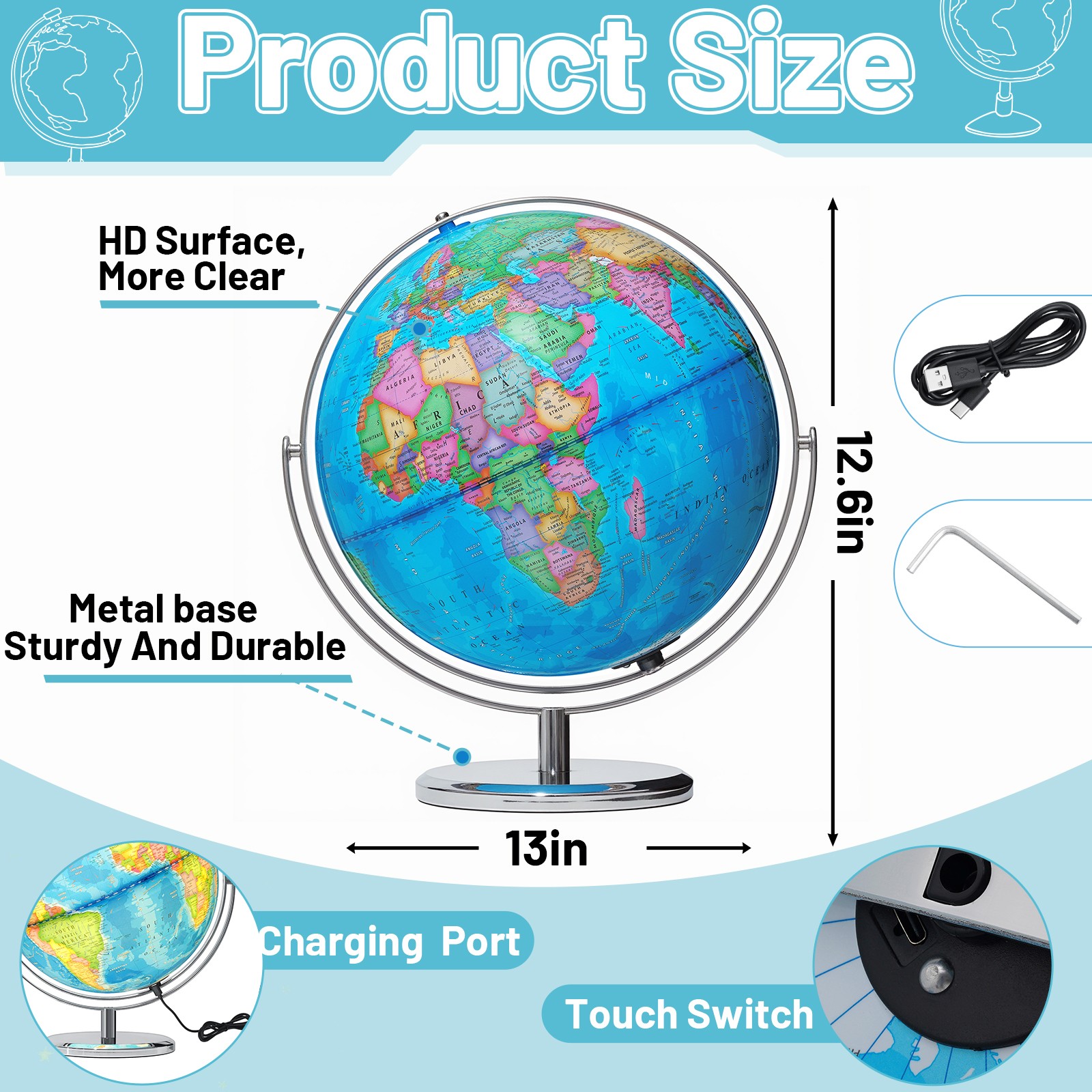 13" Illuminated Globe Map 720° Rotation with Touch Switch 3 LED Lighting Modes