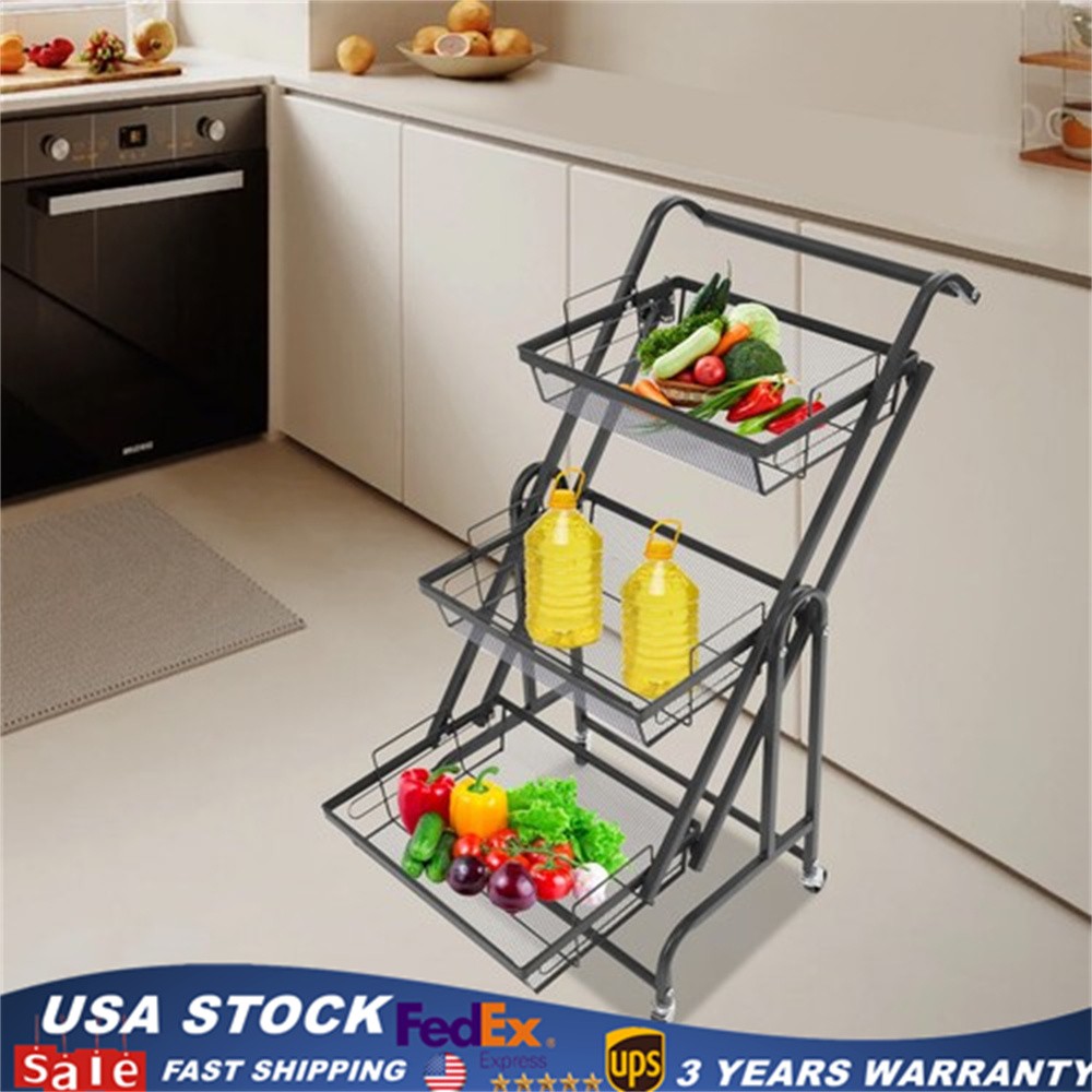 3-Tier Adjustable Metal Rolling Cart Multi-purpose Storage Cart Movable Trolley