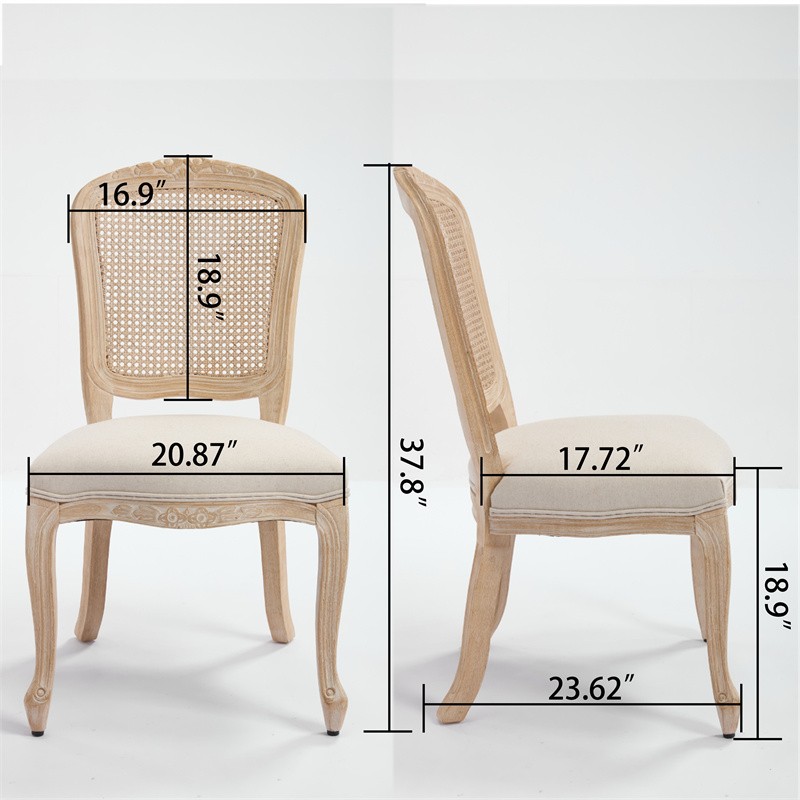 2 Set French Country Dining Chairs,Upholstered Chairs Nature Rattan Back,Beige