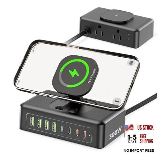 300W USB Charging Station, 11-in-1 USB C Power Strip Surge Black&Green
