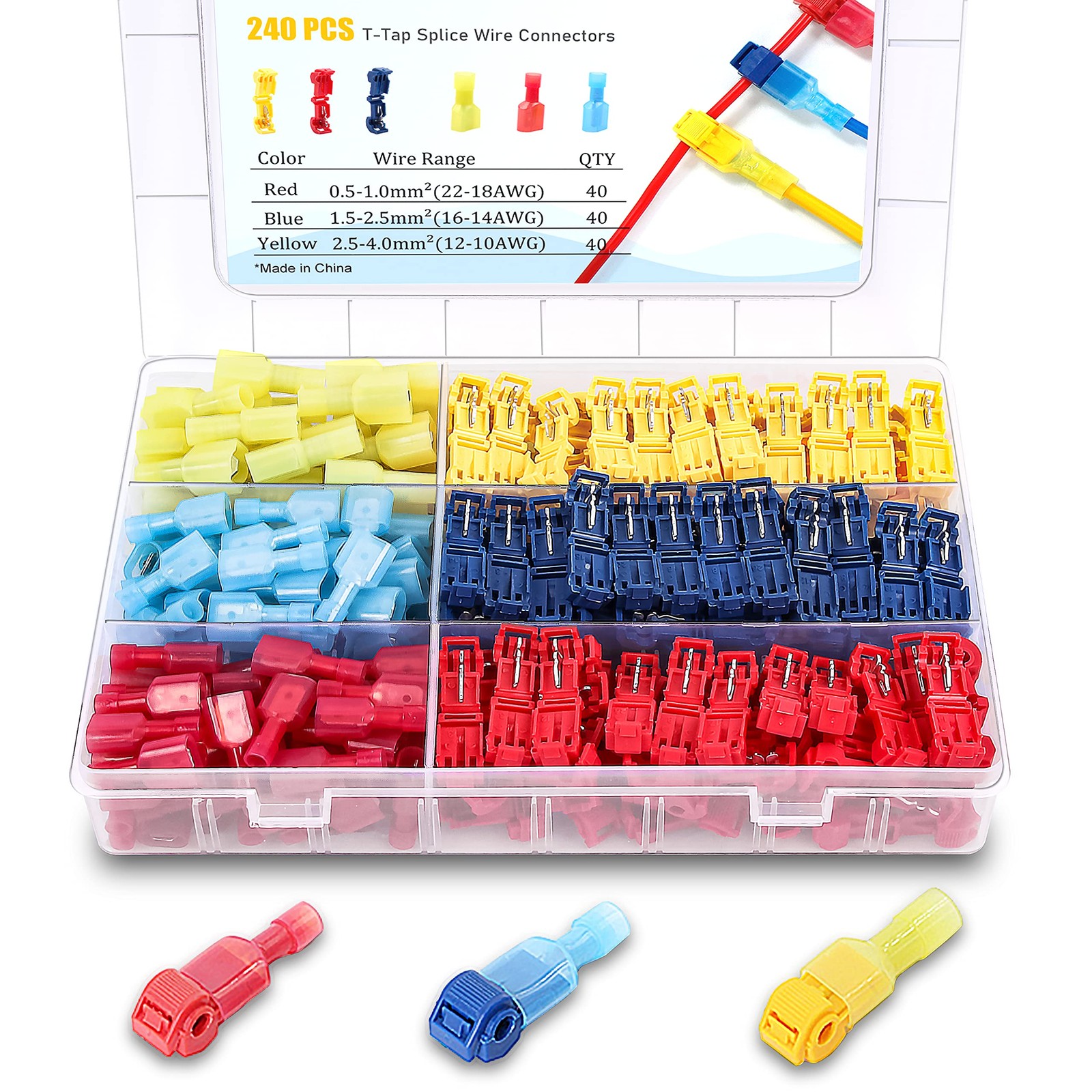 Flytuo 240PCS T-Tap Wire Connectors, AWG 22-10, red, blue, yellow