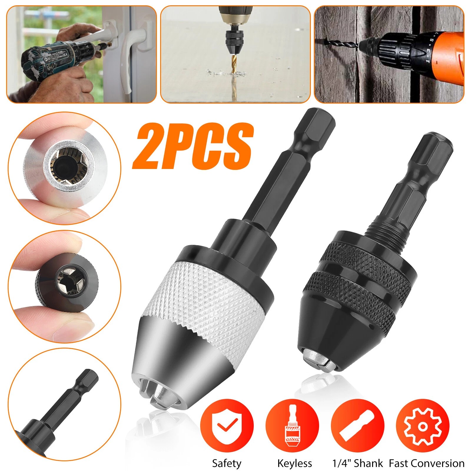 2x 1/4" Hex Shank Keyless Drill Chuck Conversion Adapter Bit Quick Change Driver