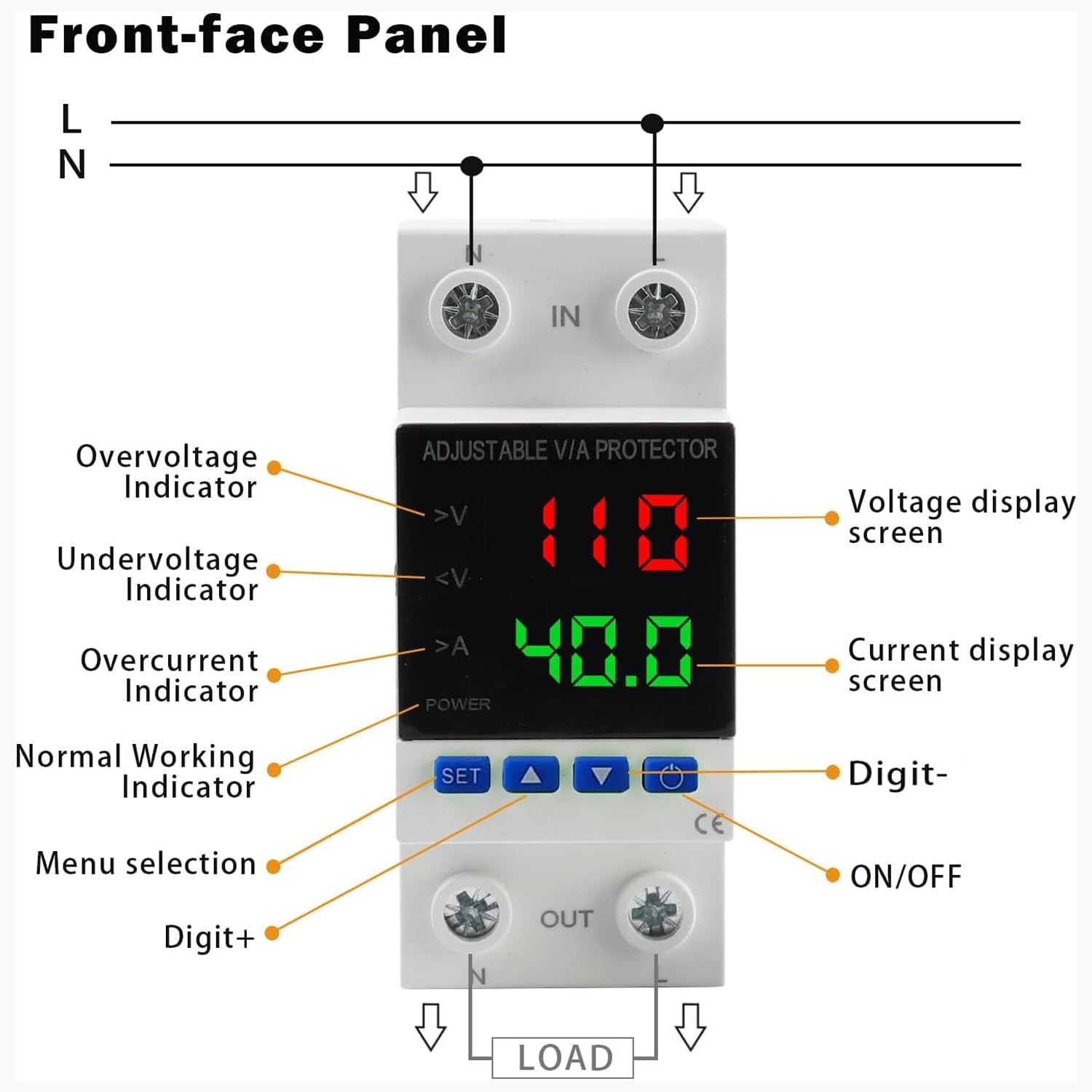 Smart Voltage Protector, 1-40A Adjustable 110V/220V DIN Rail Mount Circuit Br...