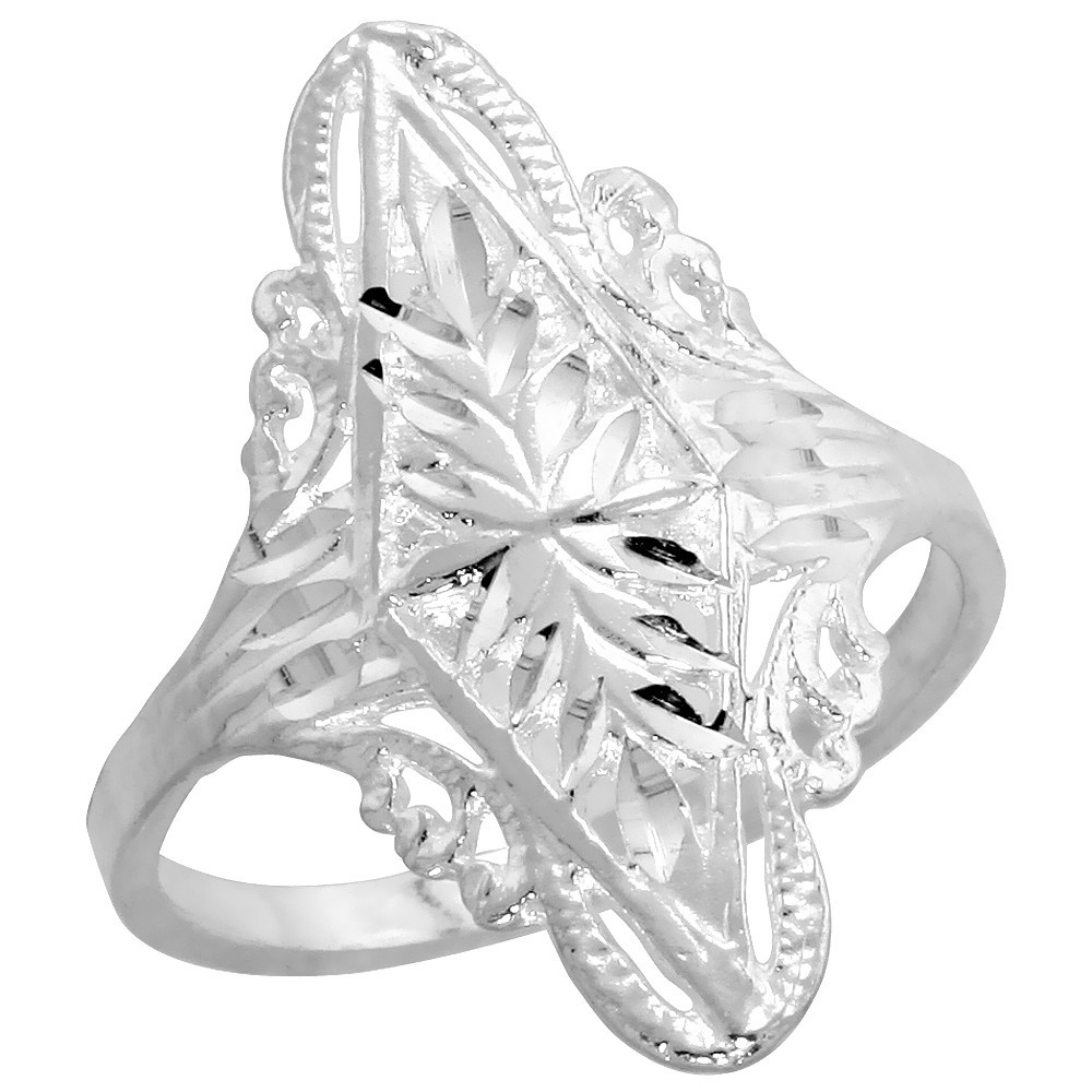 925 Sterling Silver Floral Filigree Ring 3/4 Inch (19mm) Long, Sizes 6 to 9