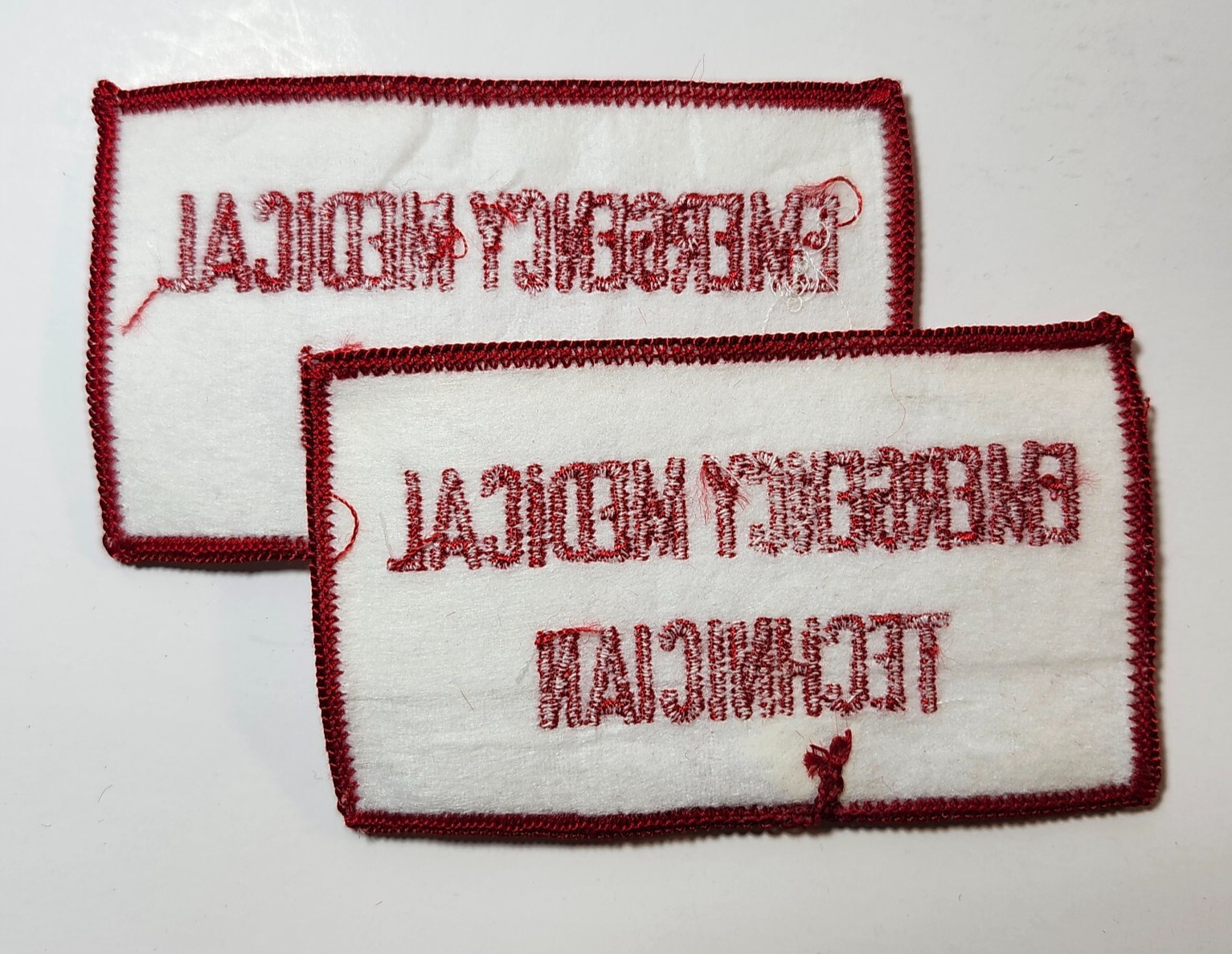 (2) EMERGENCY MEDICAL TECHNICIAN Embroidered Patch | Rectangle | RED ON WHITE