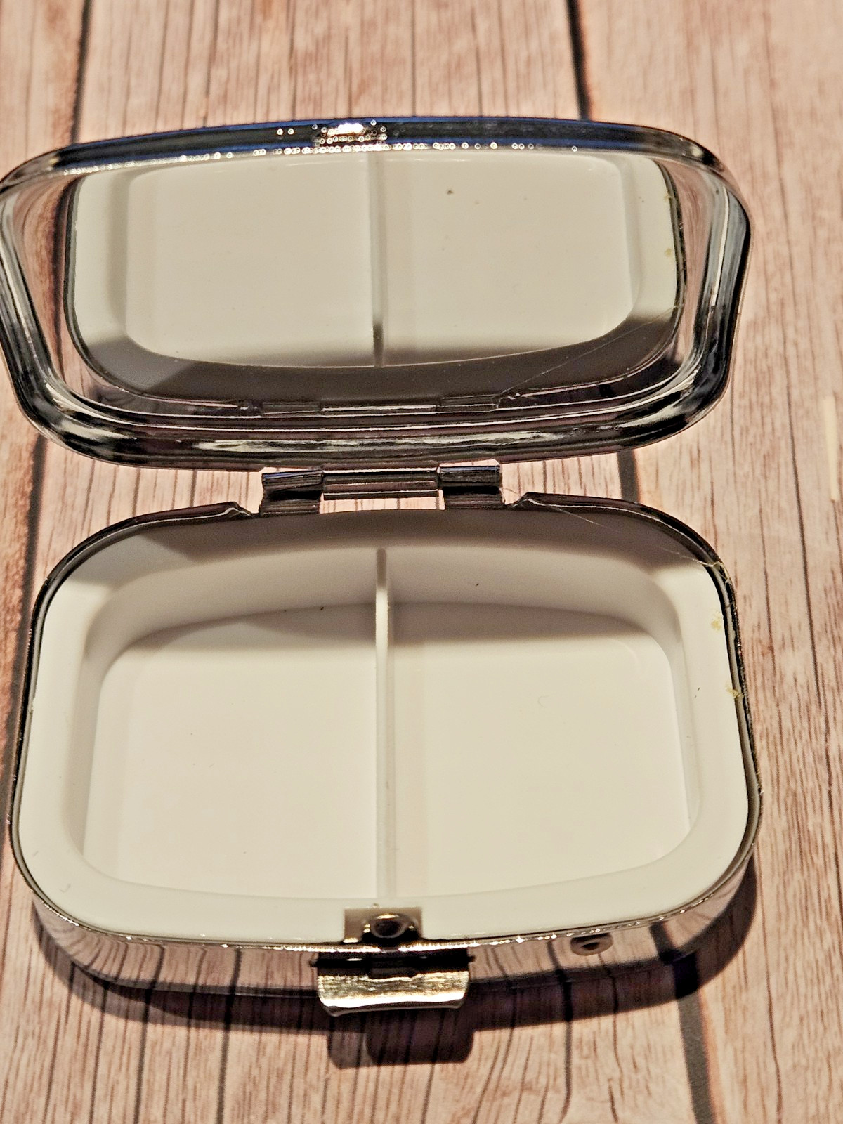 Floral Pill Box 2 Compartment Silver Tone Rectangular New