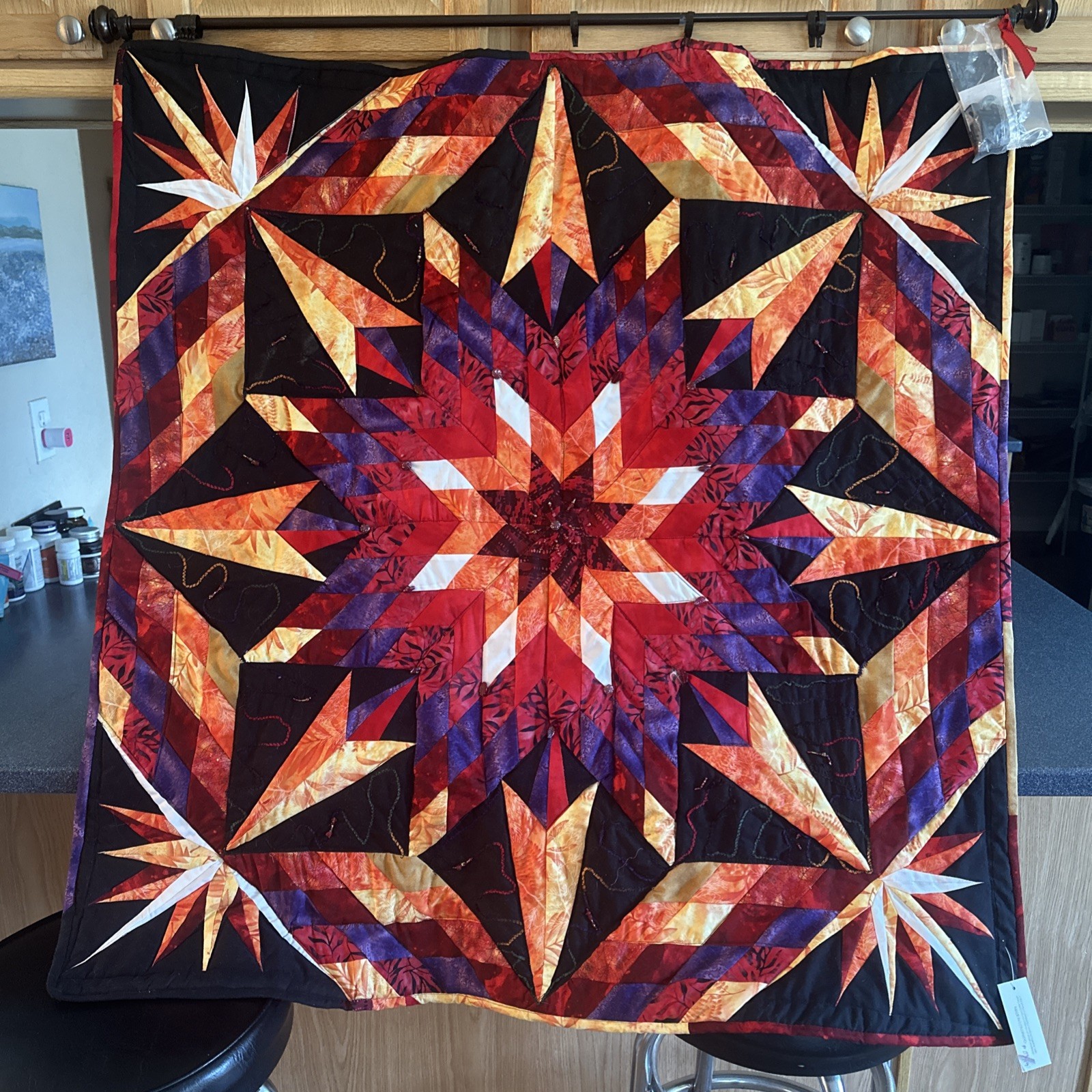 Handmade Quilted Wall Hanging Starburst Pattern Red Orange Purple  Art