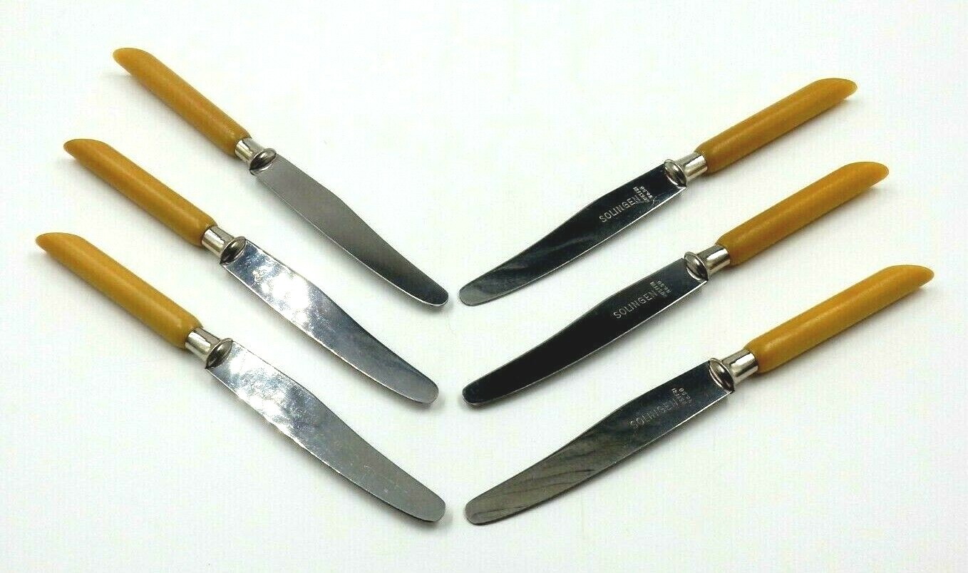 VINTAGE SET OF 6 GERMAN RUSTFRI #56 SOLINGEN RETRO DIAGONAL HANDLE FRUIT KNIVES