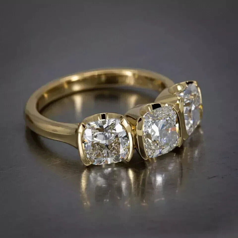Three Stone Half Bezel Set Ring 14K Yellow Gold Over 2.2 Ct Simulated Diamond