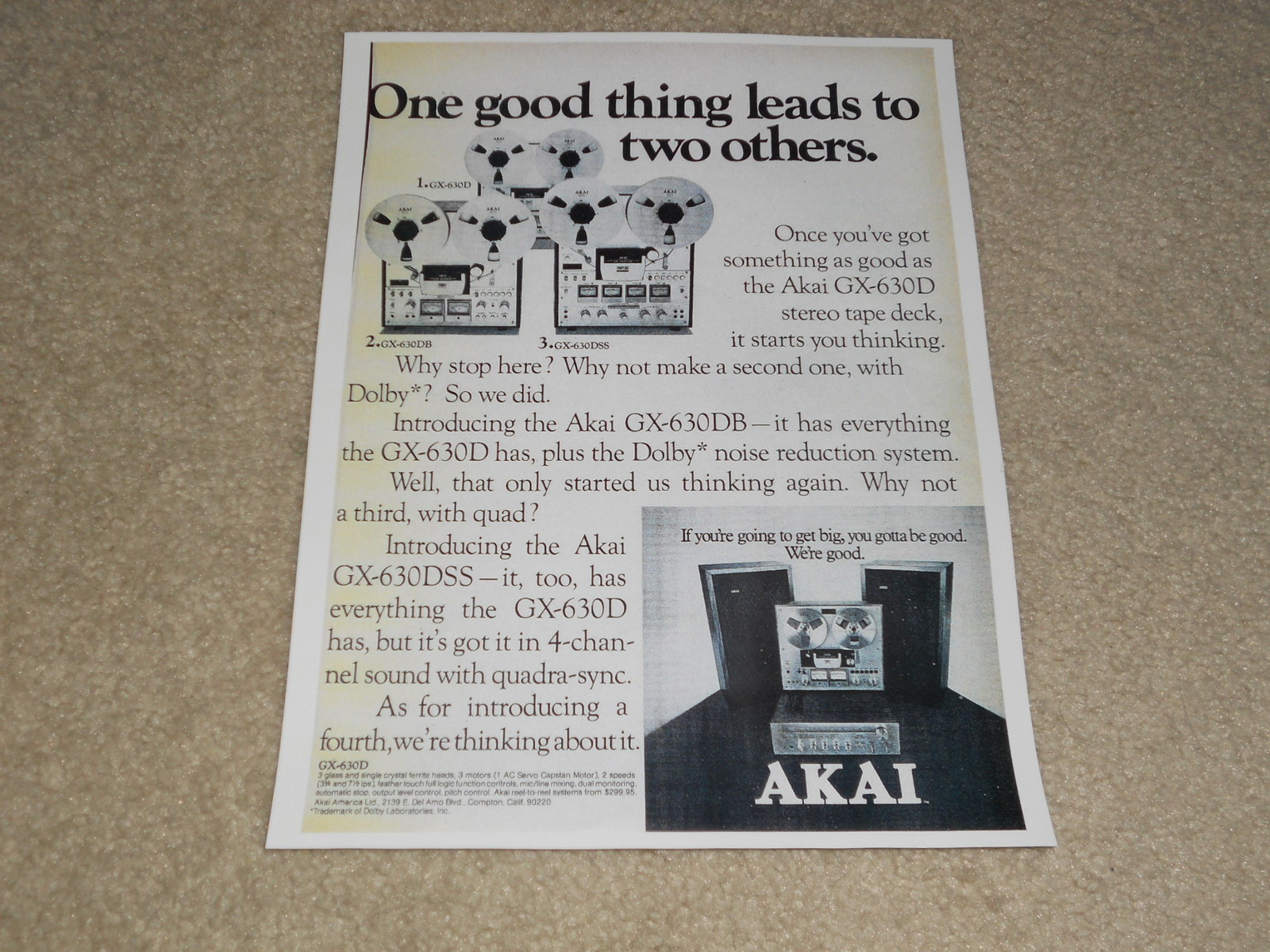 Akai Open Reel Ad, 1975, GX-630DSS QUAD, GX-630DB, GX-630D, 1 page, Article