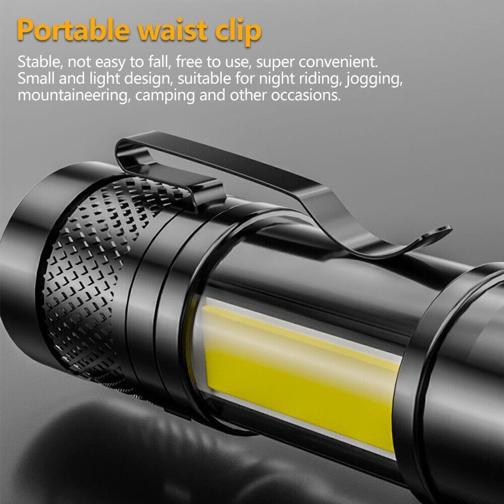 2Pcs Mini LED Torch Light USB Rechargeable Zoomable Flashlight Camping Lamp