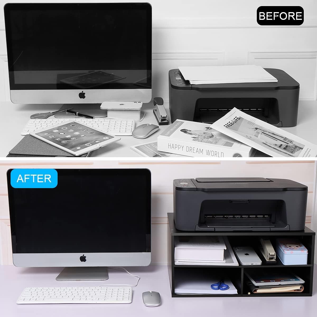 Printer Stand Desk 2 Tier Desktop Printer Stand W/ Paper Storage Printer Riser