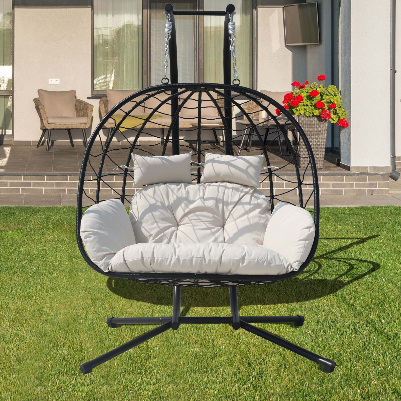 2-Person Hanging Egg Chairs for Outside Double Porch Swing Chair with Stand