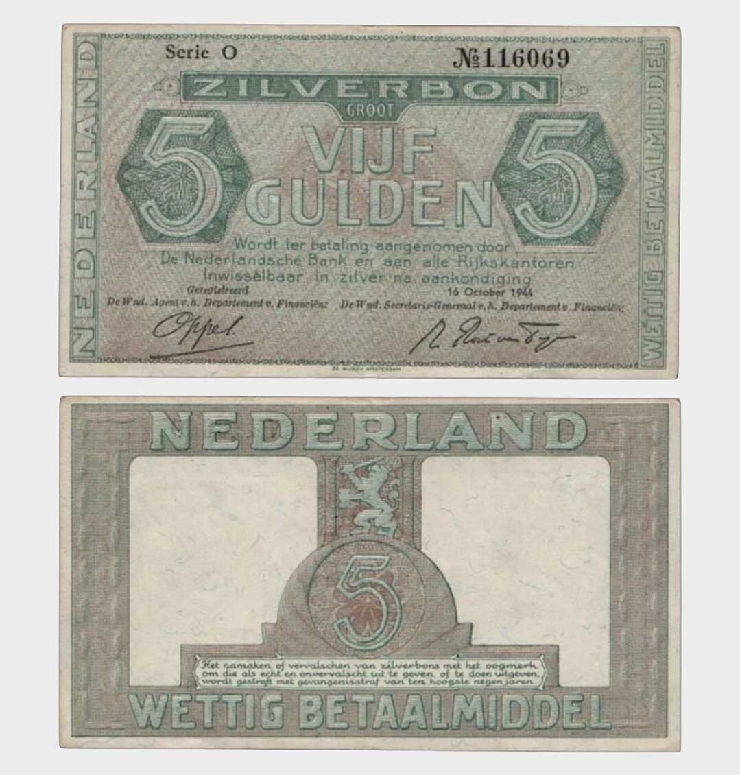 Netherlands - 1944 - 5 Gulden - "VF+"  #CO6850