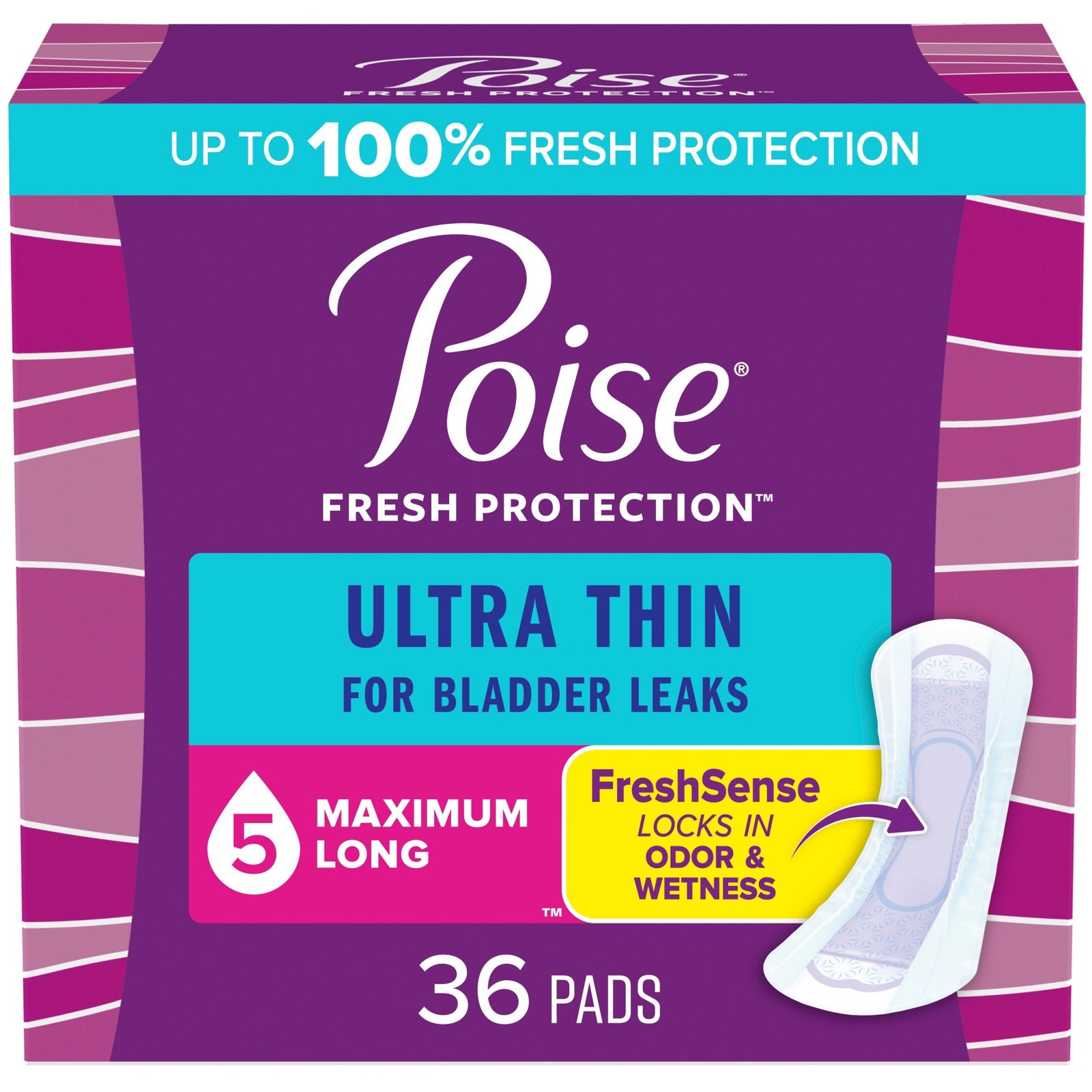 Poise Ultra Thin Incontinence Pads, 5 Drop Maximum Absorbency, Long Length