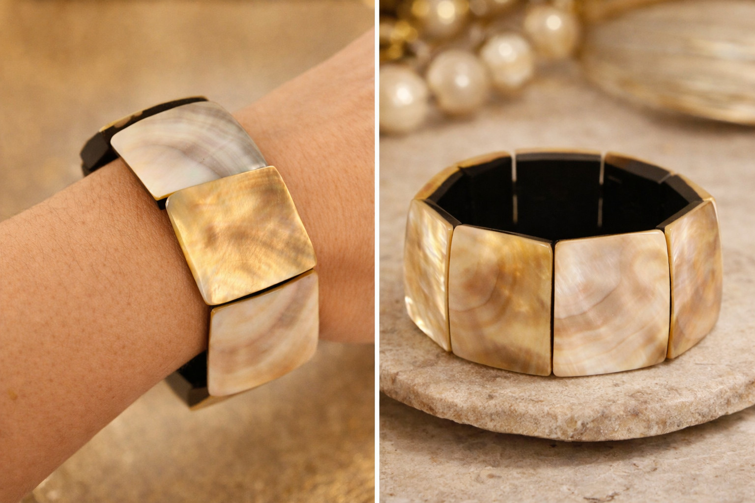 Mother of Pearl Shell Tile Stretch Bracelet – Viktoria Hayman Style