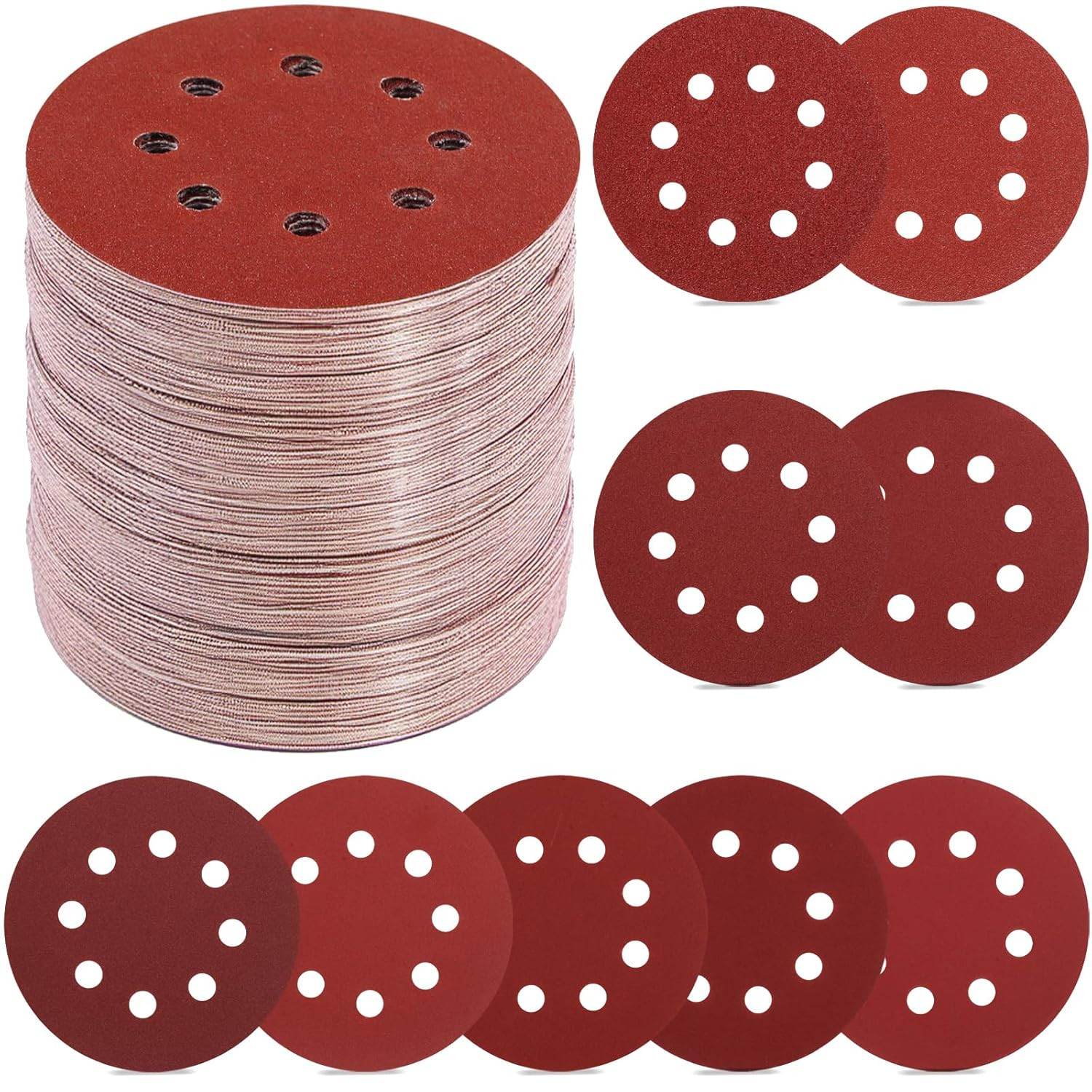 70Pcs 5 Inch 8-Hole Hook and Loop Sanding Discs 9 Mixed Grits Round Sandpaper