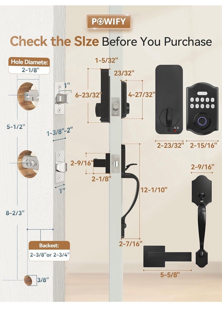 POWIFY Fingerprint Smart Front Door Lock w Handle Set Keyless Entry