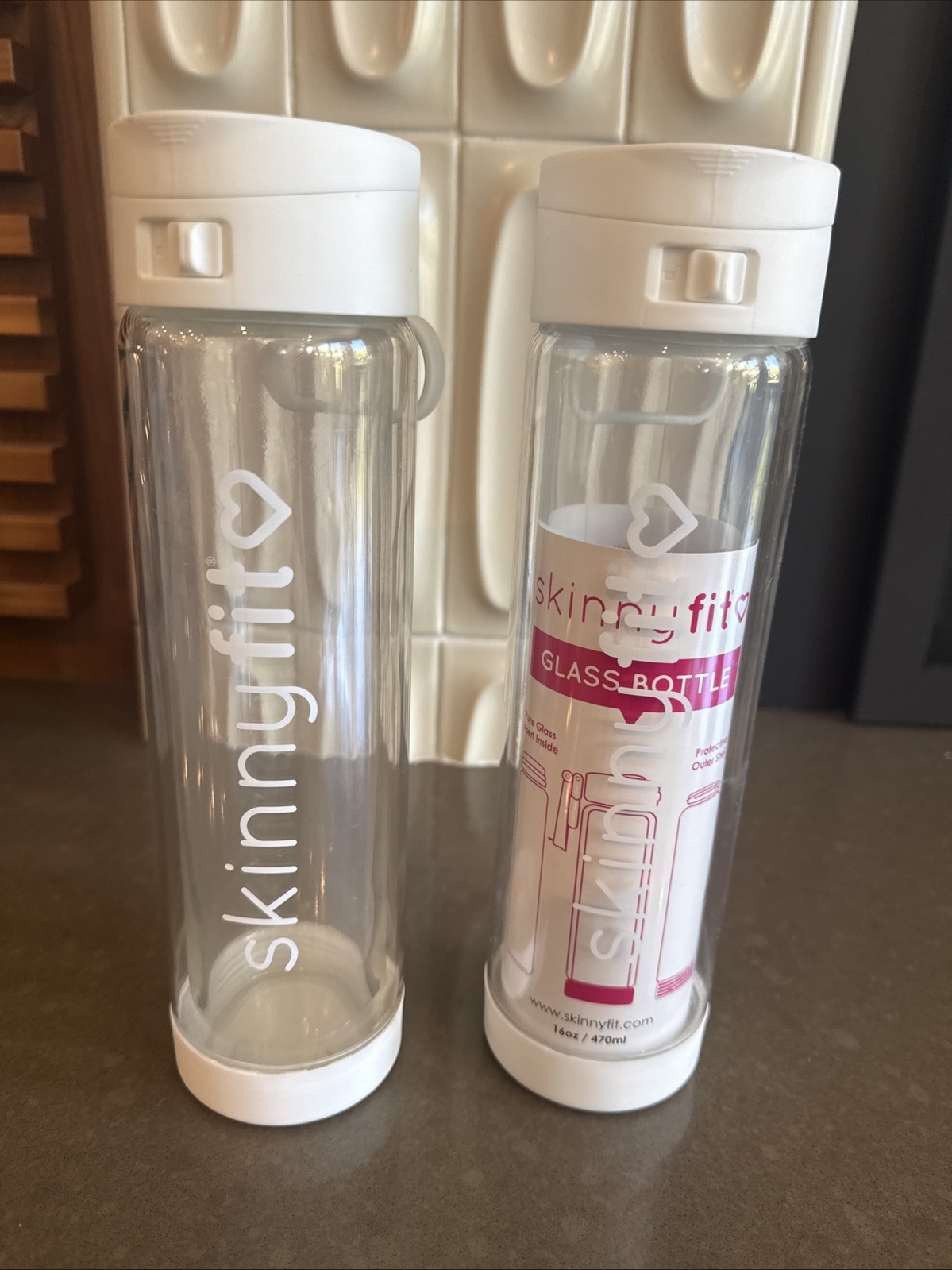 Rare! 2 SkinnyFit 16oz Water Bottle Reusable Glass Inside Plastic Bottle