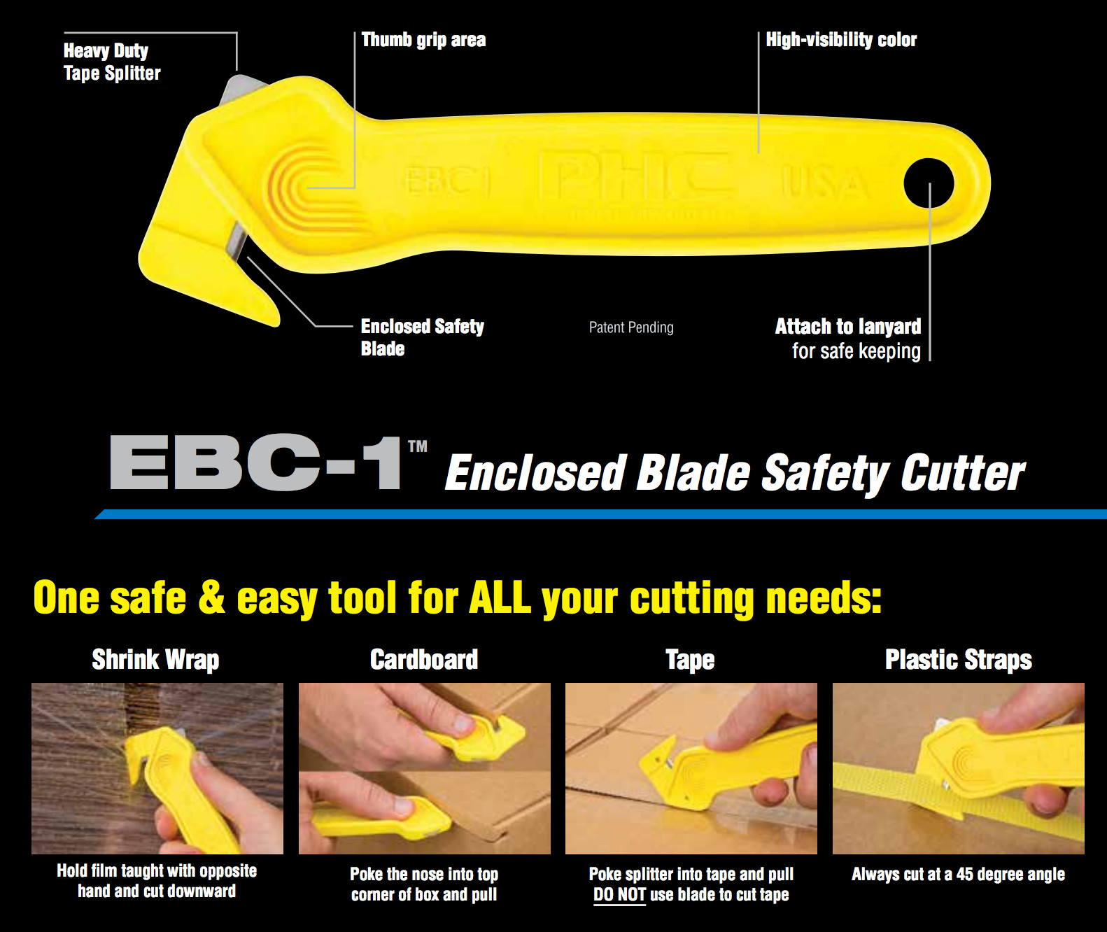 Pacific Handy Cutter Safety Strap knife EBC-1  Ambidextrous NEW Easy Cut