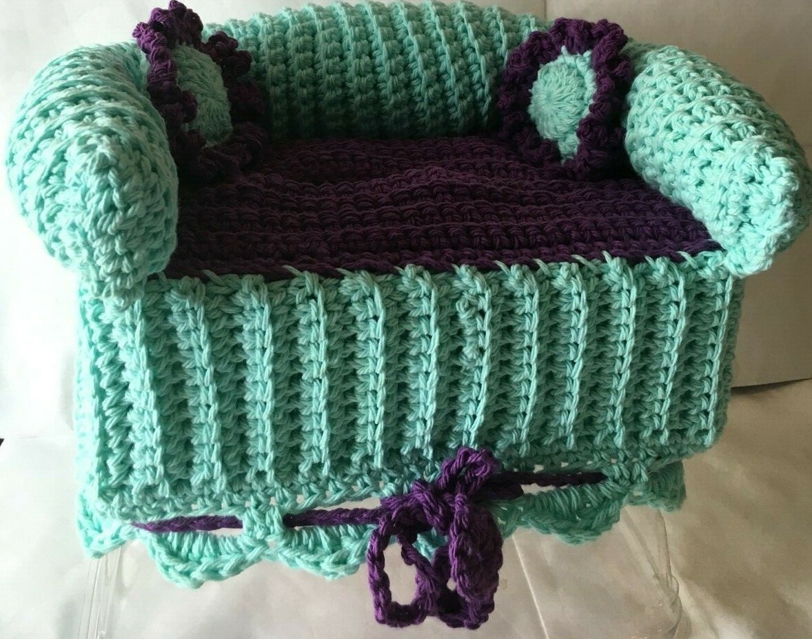 Sofa Style Tissue Box Cover Handmade Crochet  Sea Breeze Teal  w/Purple Accents