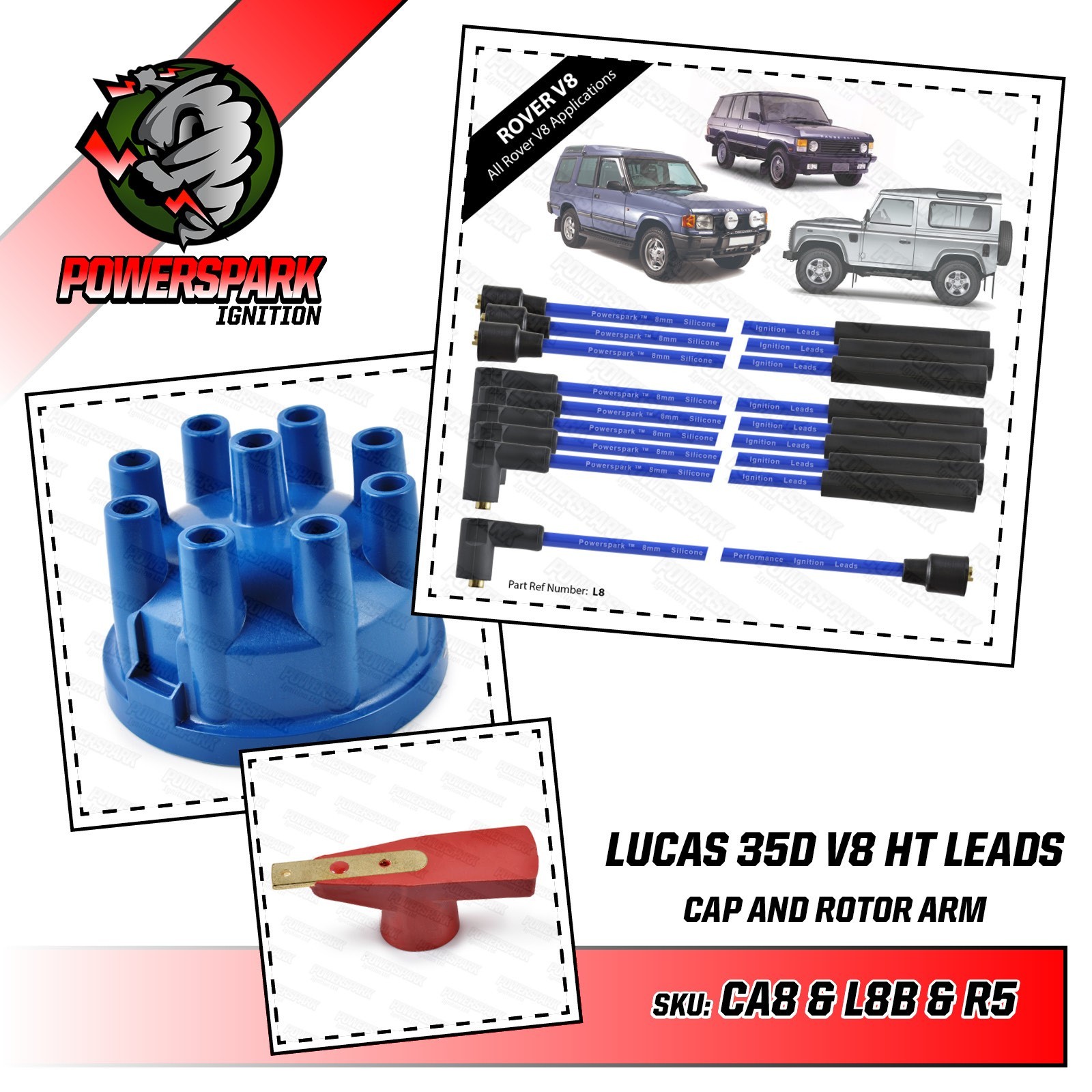 Range Rover V8 35D Blue Distributor Cap with Red Rotor Arm and Blue 8mm HT Leads
